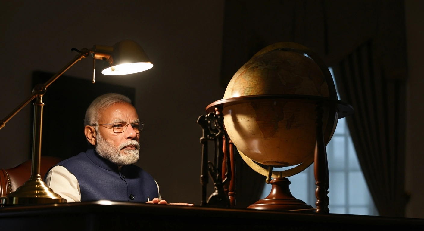 Indian Prime Minister Narendra Modi sits in a dimly lit study, looking thoughtfully at a globe, conveying deep concern over reports of an alleged drone attack on Russian President Vladimir Putin's residence and emphasizing diplomatic efforts.