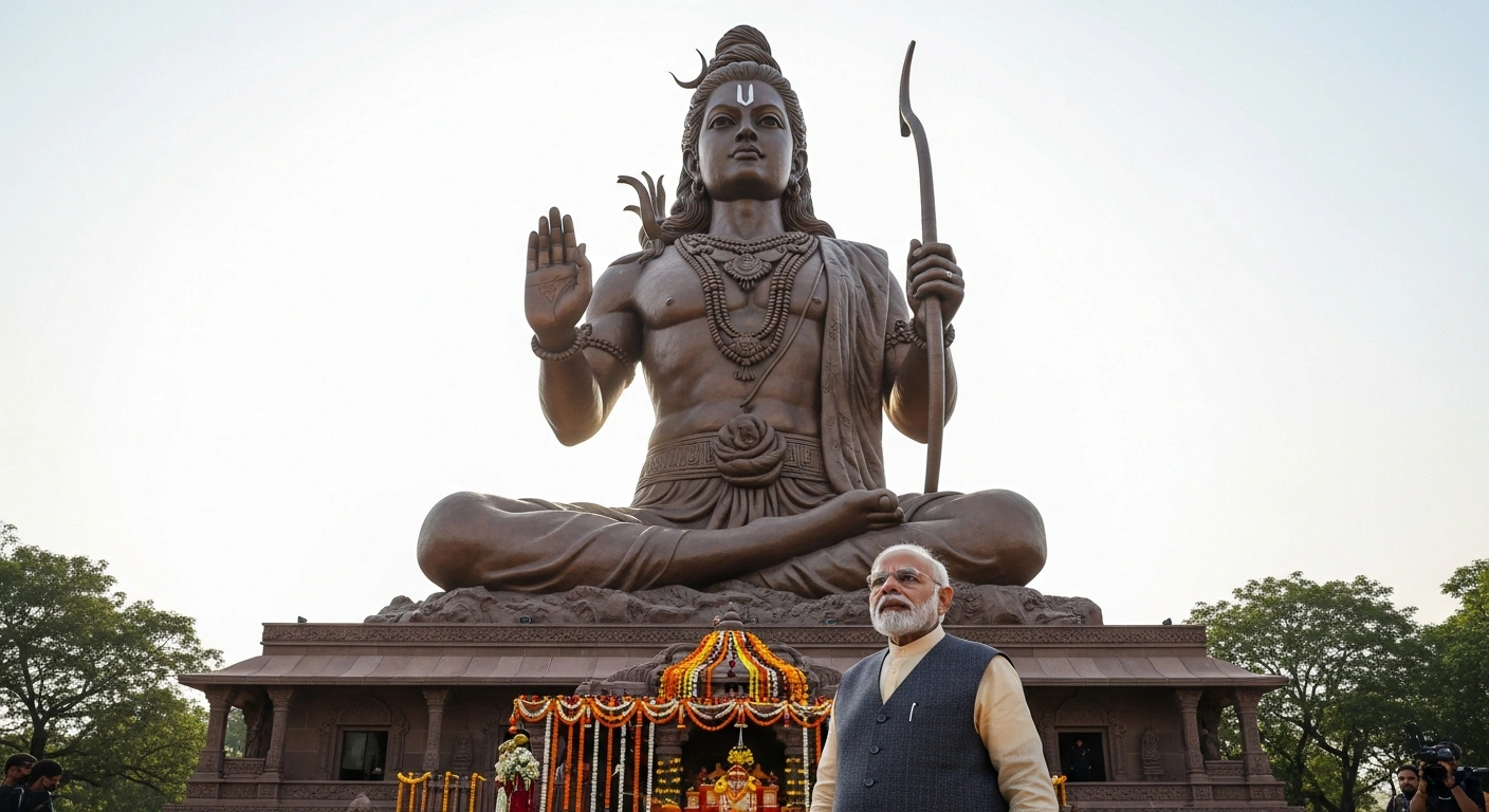 Prime Minister Narendra Modi stands before a newly unveiled 77-foot bronze statue of Prabhu Shri Ram at a Ramayana Theme Park in Canacona, Goa, marking a significant cultural and spiritual event.