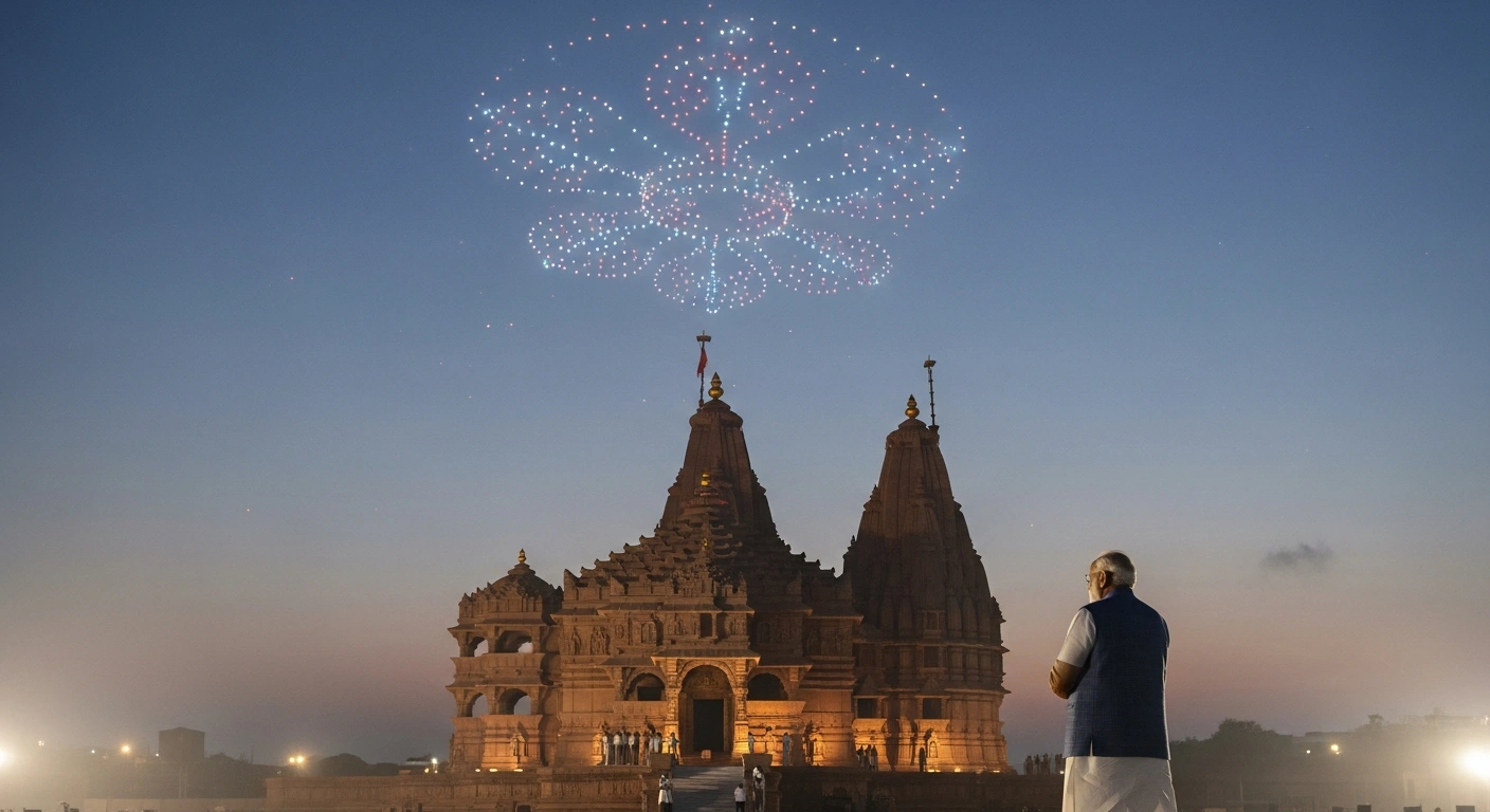 Prime Minister Narendra Modi is depicted standing before the illuminated Somnath Temple in Gujarat during an evening event, with a drone light show unfolding in the sky, commemorating the Somnath Swabhiman Parv and its historical significance.