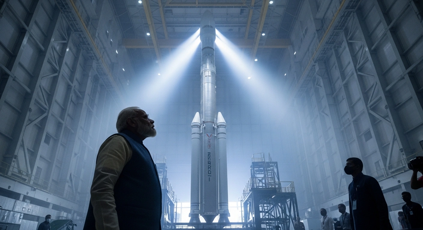 Prime Minister Narendra Modi stands in a high-tech facility, observing the towering Vikram-I, India's first private orbital rocket developed by Skyroot Aerospace, symbolizing the nation's burgeoning private space sector.