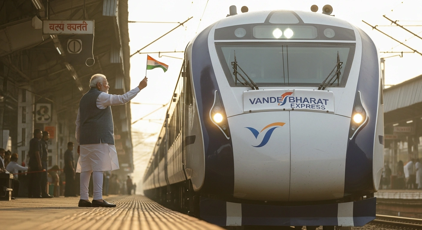 Prime Minister Narendra Modi is captured in a low-angle shot, raising his hand in a flagging-off gesture beside the sleek, silver and blue nose of a Vande Bharat Express train, symbolizing the expansion of India's semi-high-speed rail network.