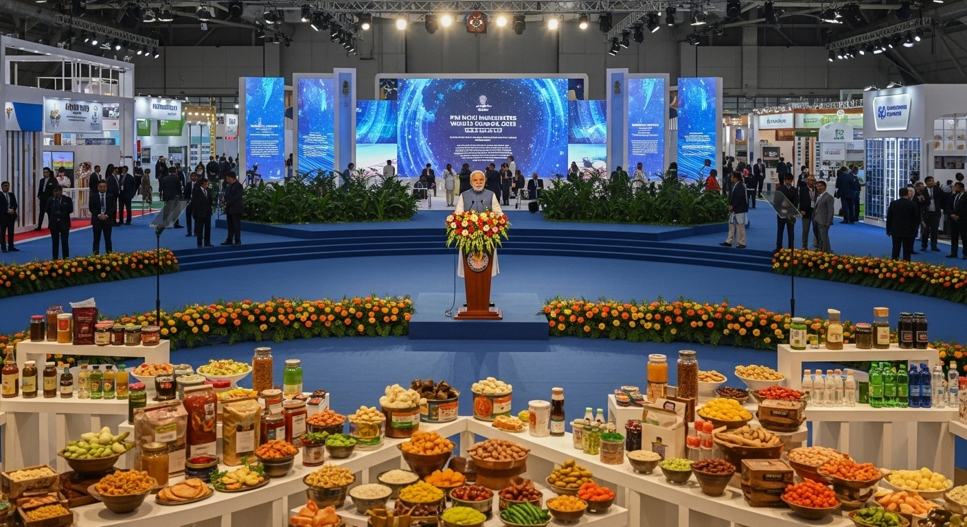 Prime Minister Narendra Modi stands at a central podium in the grand Bharat Mandapam, surrounded by vibrant displays of Indian food products and a blurred background of international attendees, symbolizing the inauguration of World Food India 2025 and India's ambition to become a global food hub attracting investments in the food processing sector.