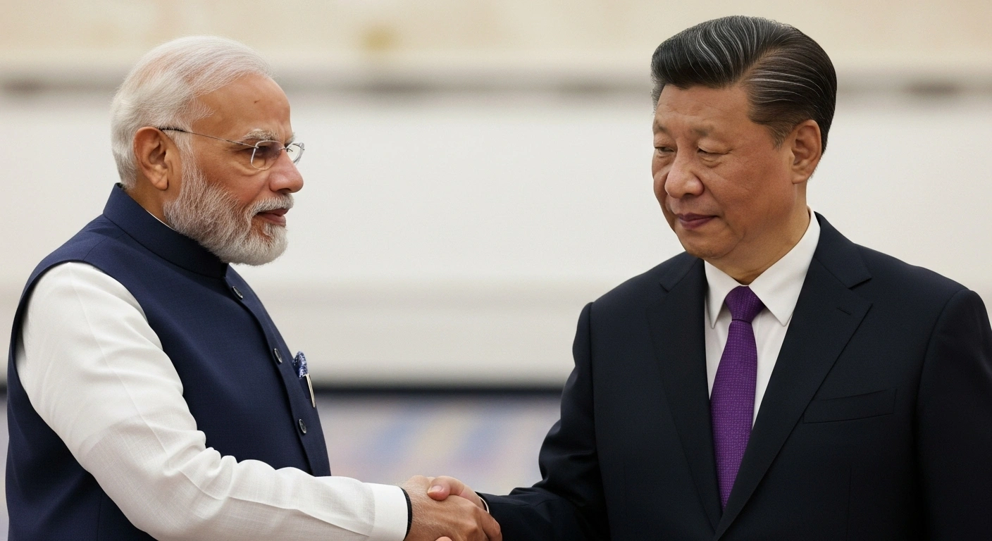 Indian Prime Minister Narendra Modi and Chinese President Xi Jinping are depicted in a formal handshake within a grand conference hall, symbolizing discussions on diplomatic reset, trade, and border stability at the SCO summit.