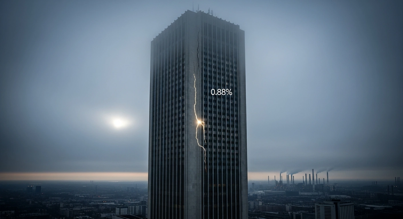 A somber, low-angle view of a brutalist financial building with a subtle crack, symbolizing the MOEX Russia Index's 0.88% decline to a one-month low on January 12, 2026, with industrial complexes representing Oil & Gas, Power, and Manufacturing sectors in the background.