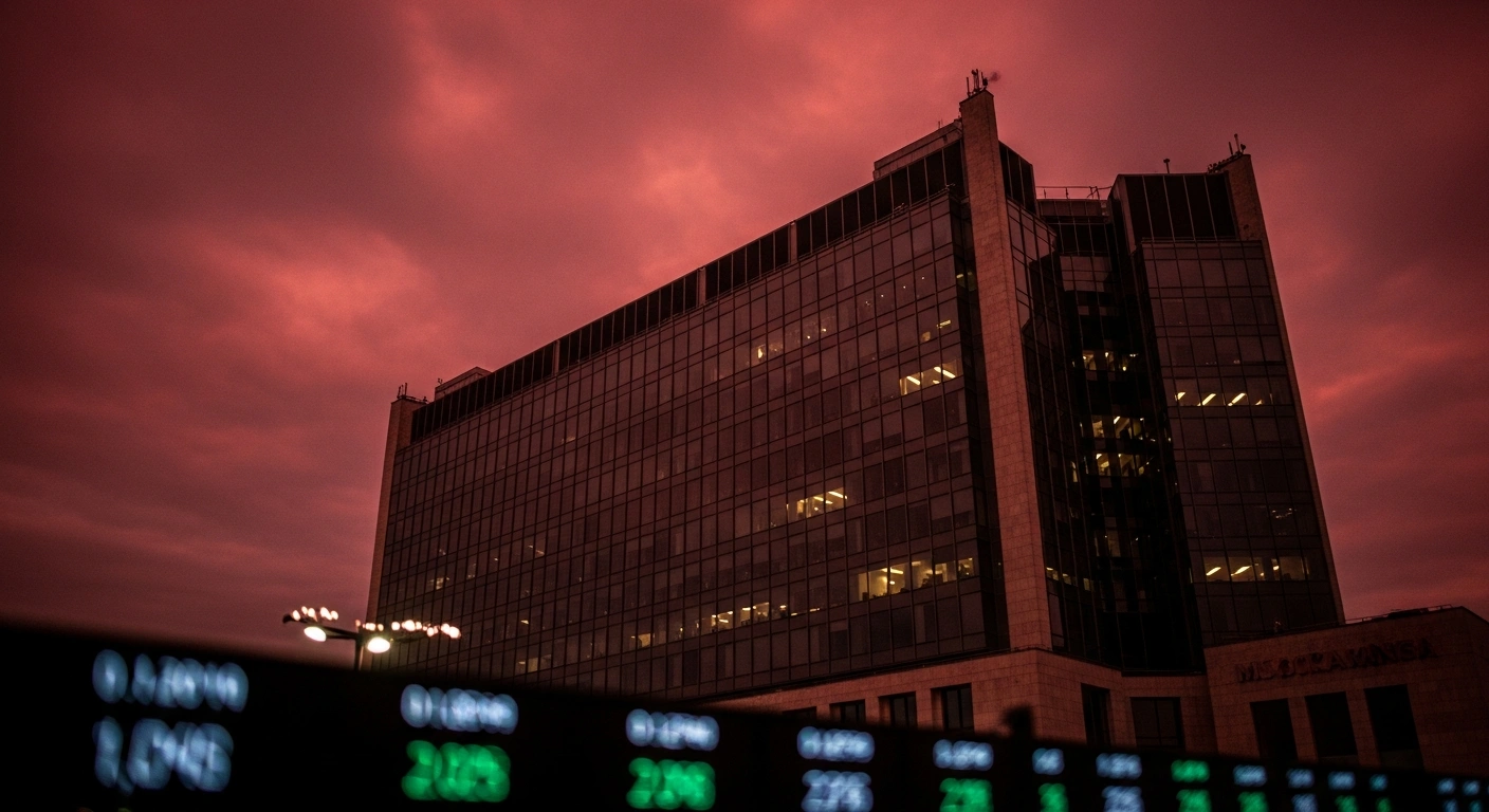 A dramatic, low-angle shot of the Moscow Exchange building at dusk, its glass facade reflecting a crimson sky, symbolizing the performance of leading metallurgy and mining enterprises in the Russian Federation and their share prices as of December 30, 2025.