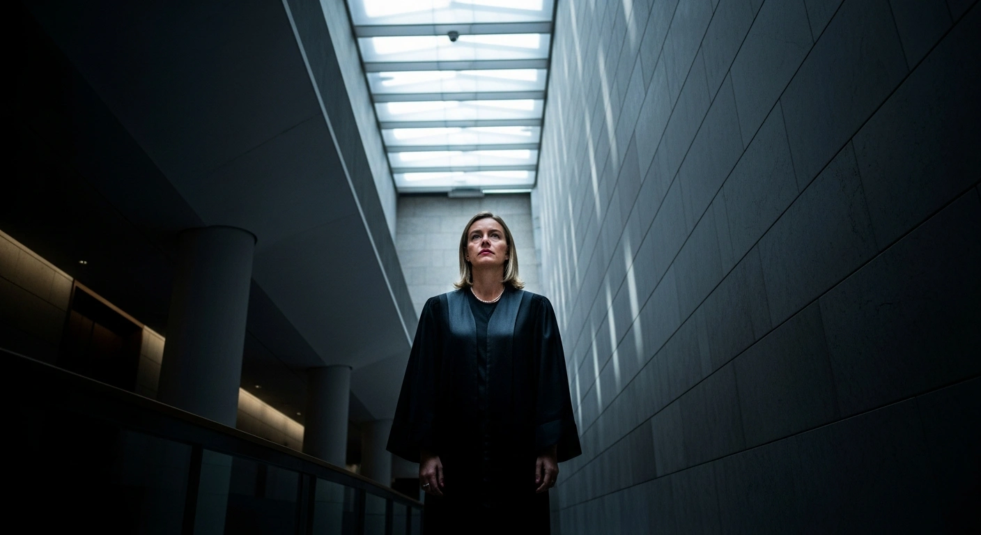 A somber figure, resembling former EU foreign policy chief Federica Mogherini, stands in a dimly lit, austere institutional corridor, casting long shadows under harsh overhead lighting, symbolizing the gravity of her detention and formal accusation in Belgium as part of an anti-fraud probe by the European Public Prosecutor's Office concerning alleged procurement fraud, corruption, and conflict of interest related to an EU-funded diplomatic training program awarded to the College of Europe.