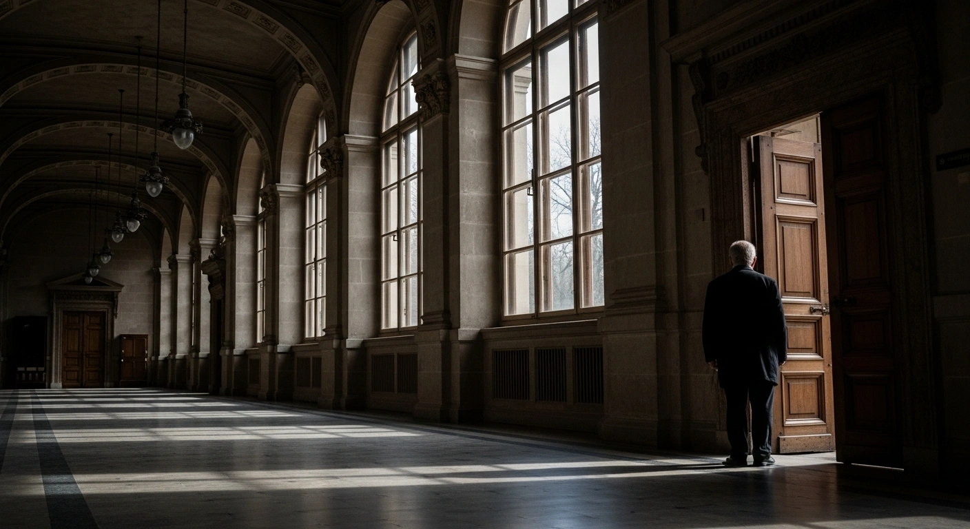 A solitary figure stands in a grand, dimly lit European institutional hallway, near a heavy wooden door, symbolizing former EU foreign policy chief Federica Mogherini's resignation and the ongoing fraud investigation by Belgian police.