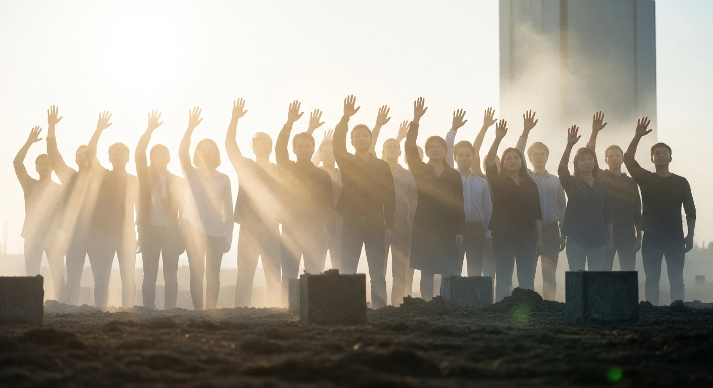 A diverse group of people stands together on a sunlit plain, with a subtle mist dissipating around their heads, symbolizing the removal of caste from minds for nation-building, as discussed by RSS chief Mohan Bhagwat.