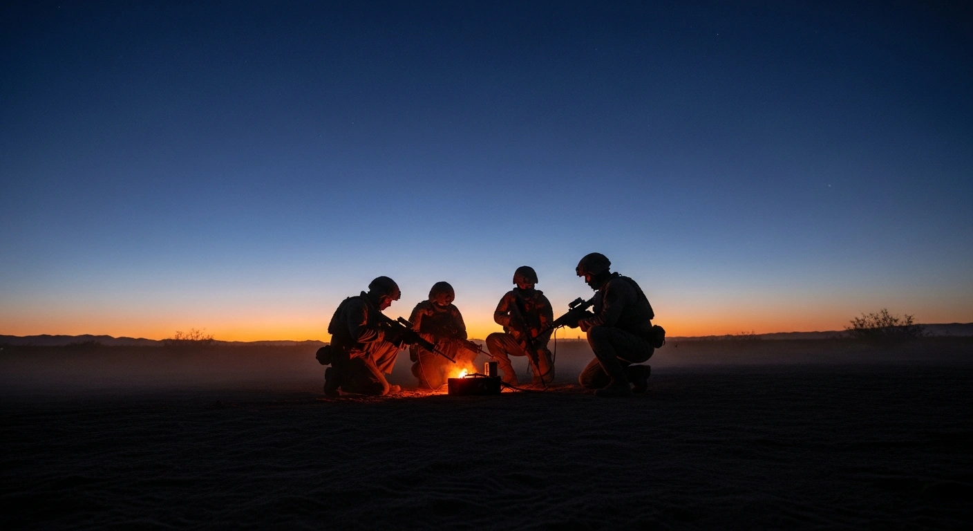 A low-angle, wide shot captures four silhouetted figures in the desolate Mojave Desert at twilight, gathered around a device emitting a faint orange glow, depicting the alleged testing of explosive devices by individuals linked to the anti-capitalist Turtle Island Liberation Front, accused of plotting New Year's Eve bomb attacks.