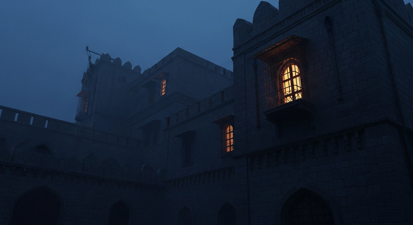 A dimly lit, fortified compound in Iran stands under a twilight sky as international observers monitor reports regarding the health of Mojtaba Khamenei.
