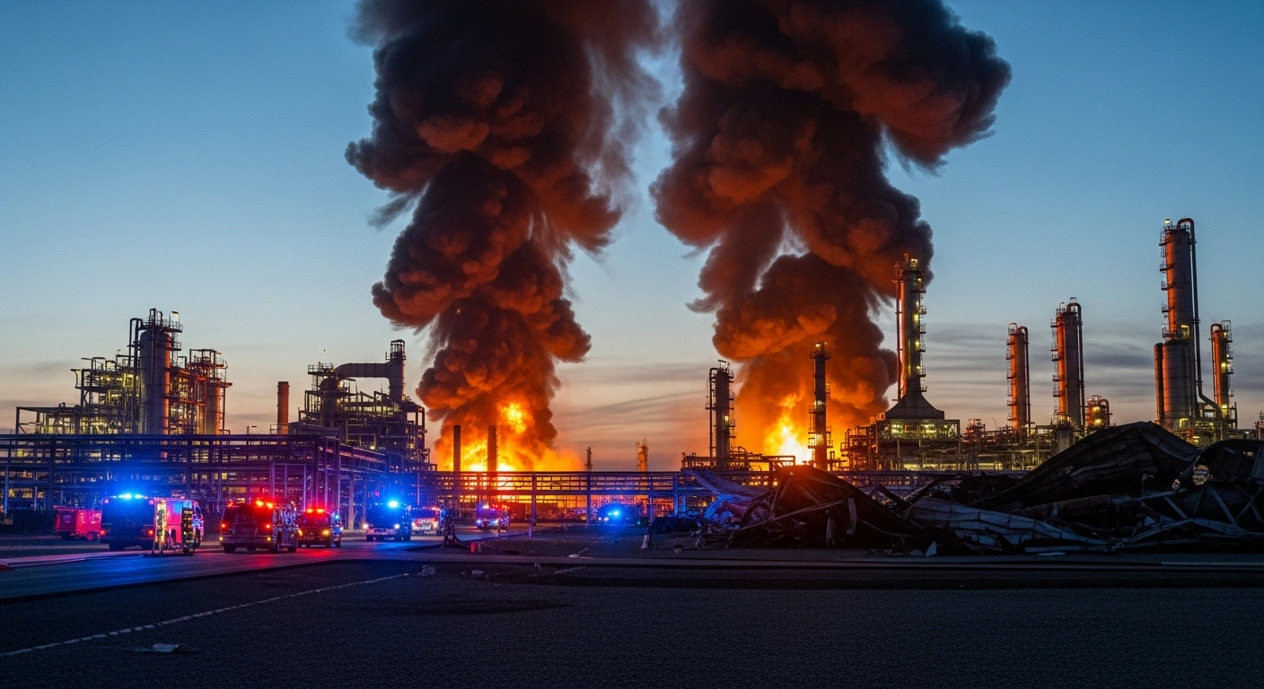 Emergency responders work at the site of a petrochemical plant explosion in Tiszaújváros, Hungary, where smoke rises from damaged industrial structures.