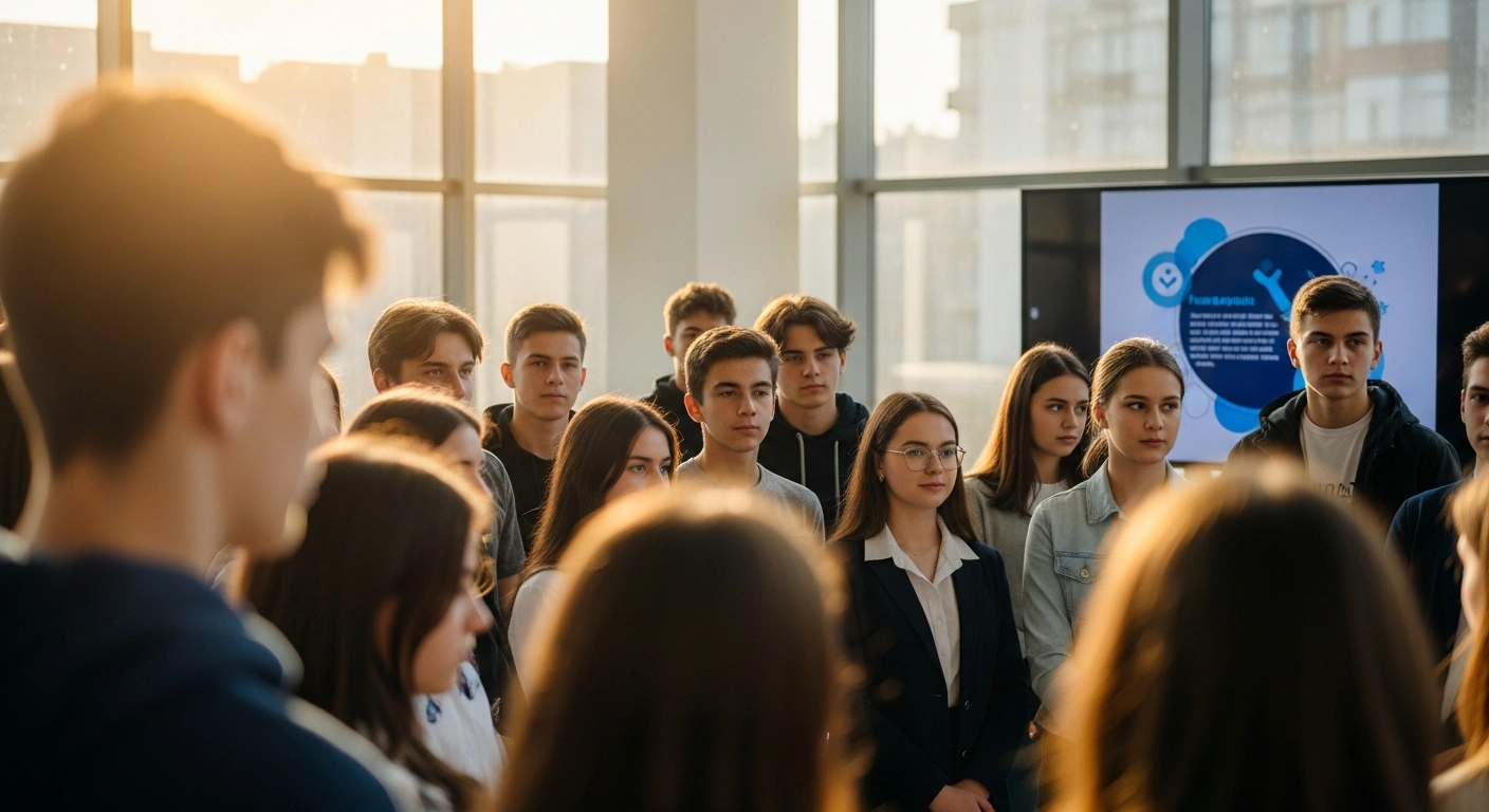 A diverse group of Moldovan adolescents, aged 15-19, are actively engaged in a modern, well-lit community space, symbolizing the EU-backed 'Right to be healthy' campaign fostering healthy lifestyles, regular medical check-ups, and responsible health attitudes.