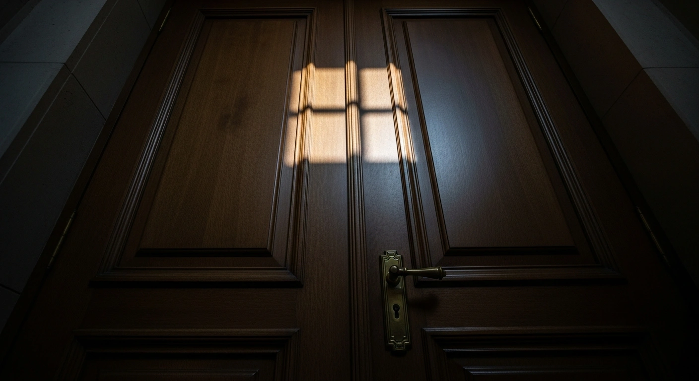A heavy, ornate wooden door with a brass handle, firmly closed and casting deep shadows, symbolizing the suspension of Moldova's citizenship applications and the implementation of stricter new laws.