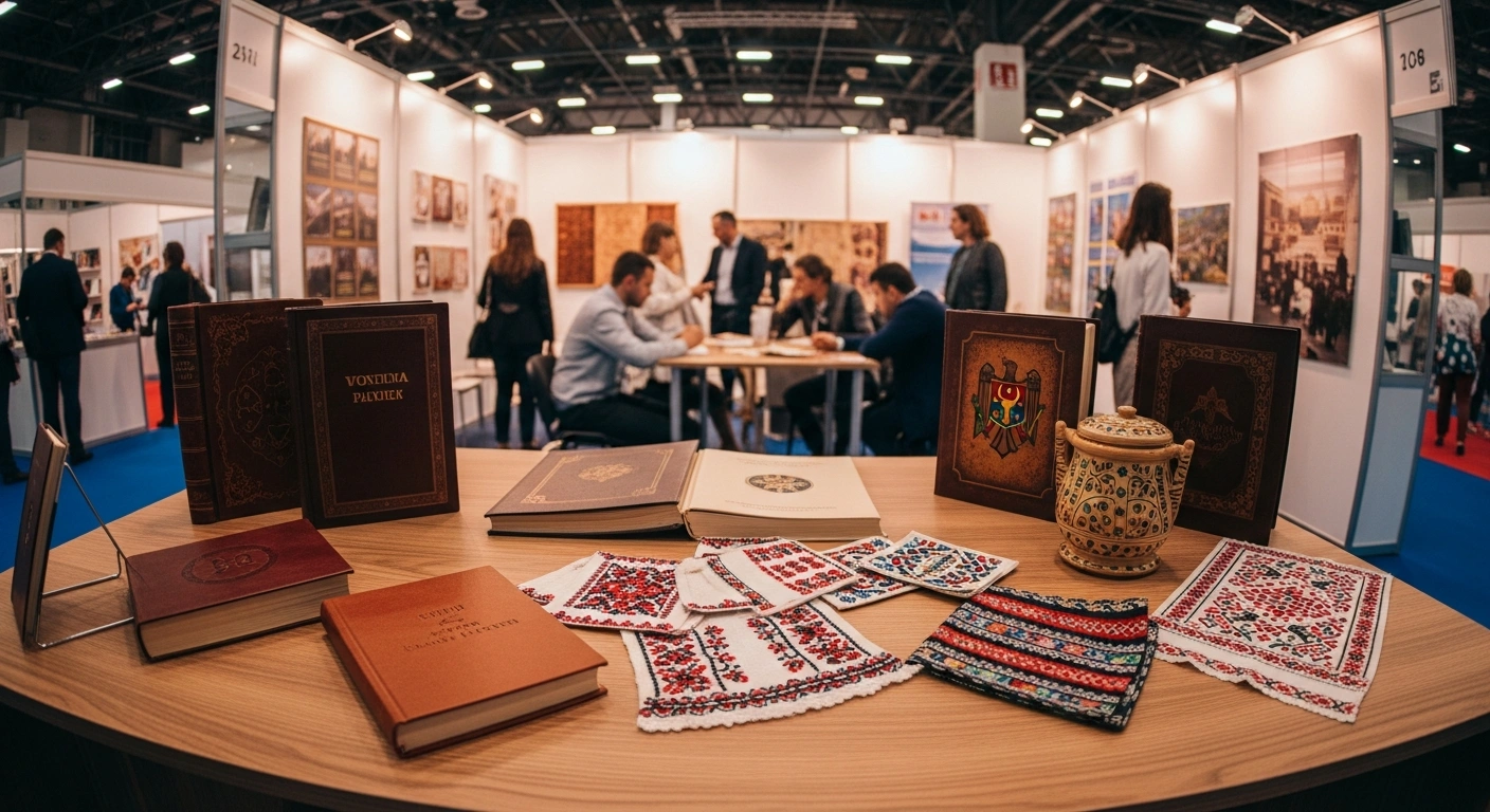 A display of traditional Moldovan books and cultural artifacts at the 33rd Minsk International Book Fair, highlighting the cultural exchange between Moldova and Belarus.