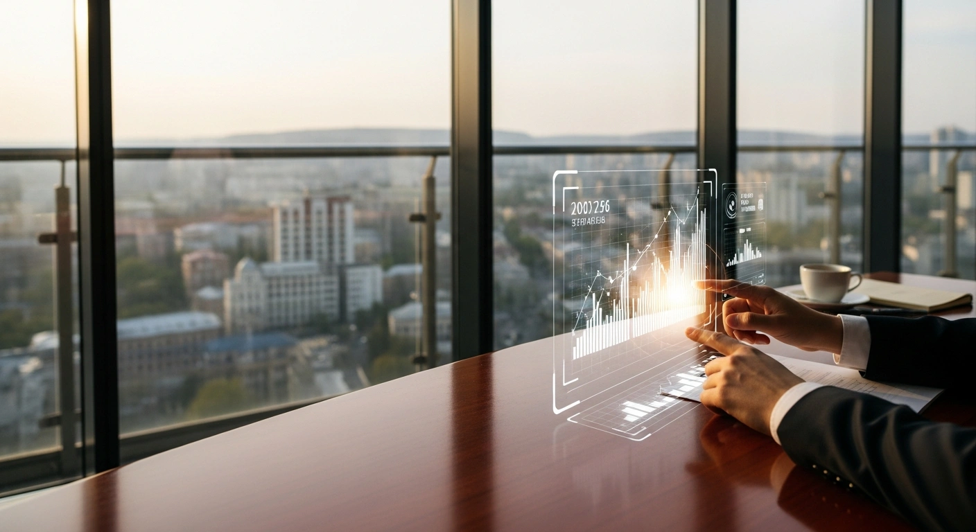 A professional uses digital technology to conduct remote banking and notary procedures in a modern office setting in Moldova.