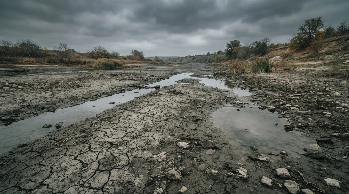 The cracked and dry riverbed of the Dniester River in Moldova shows critically low water levels during an ongoing hydrological crisis.