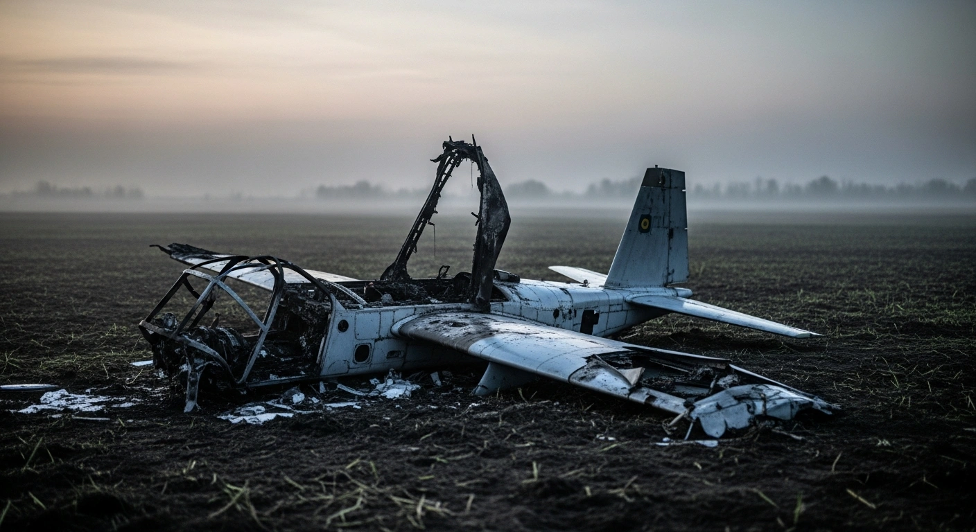 Fragments of a military drone lie scattered in a field near the village of Lopatna in Moldova following a Russian aerial strike.