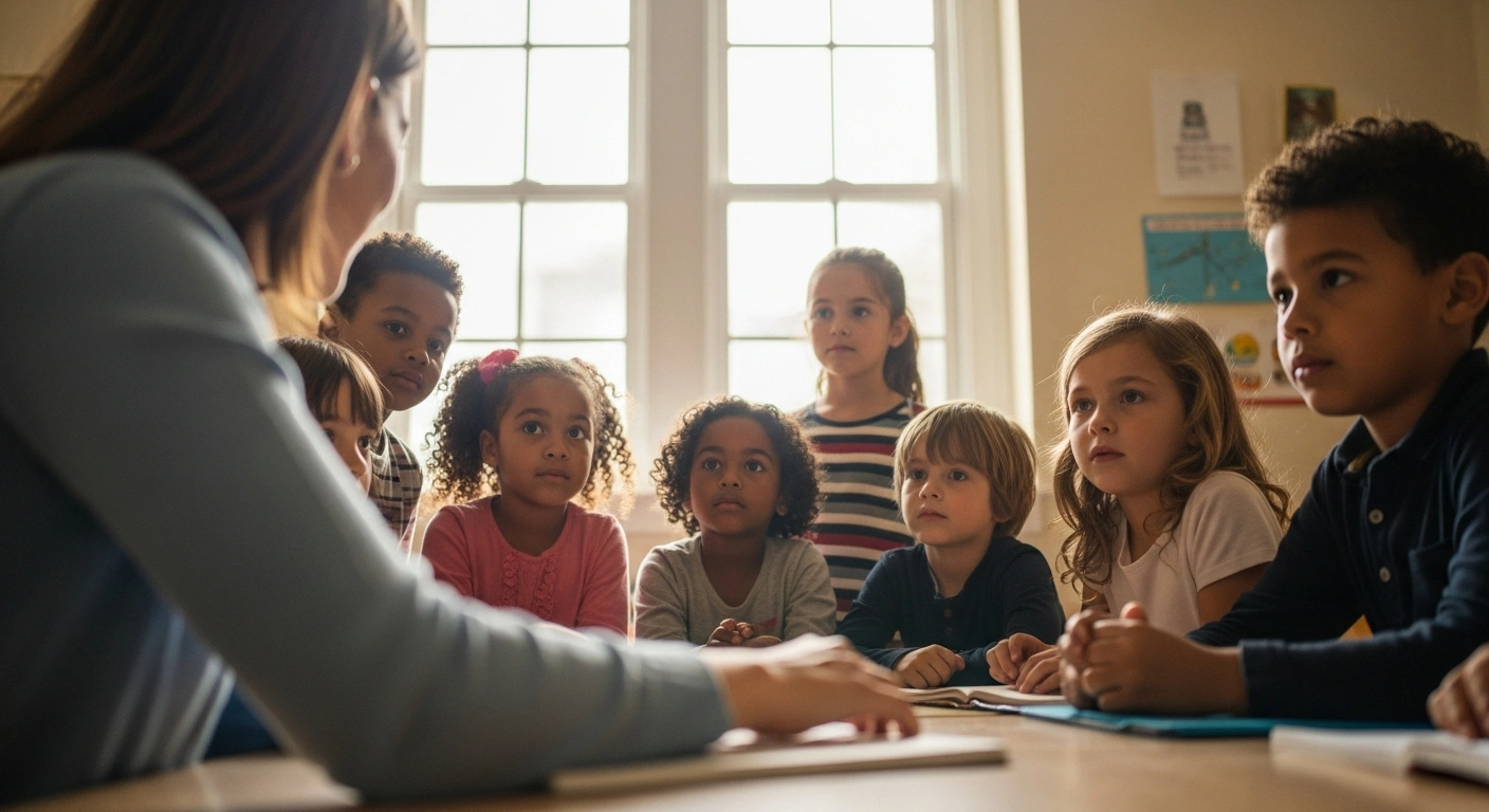 A diverse group of children from diaspora and foreign national backgrounds are attentively gathered around a teacher in a brightly lit classroom, symbolizing Moldova's efforts to bolster Romanian language programs and foster integration into the national education system.