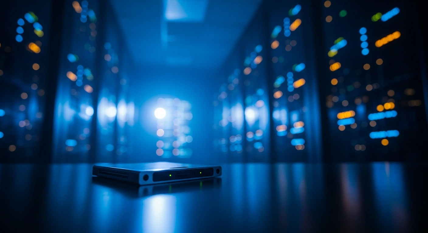 A close-up of a cryptocurrency hardware wallet in a dark server room representing the illicit financial network used to influence Moldovan elections.