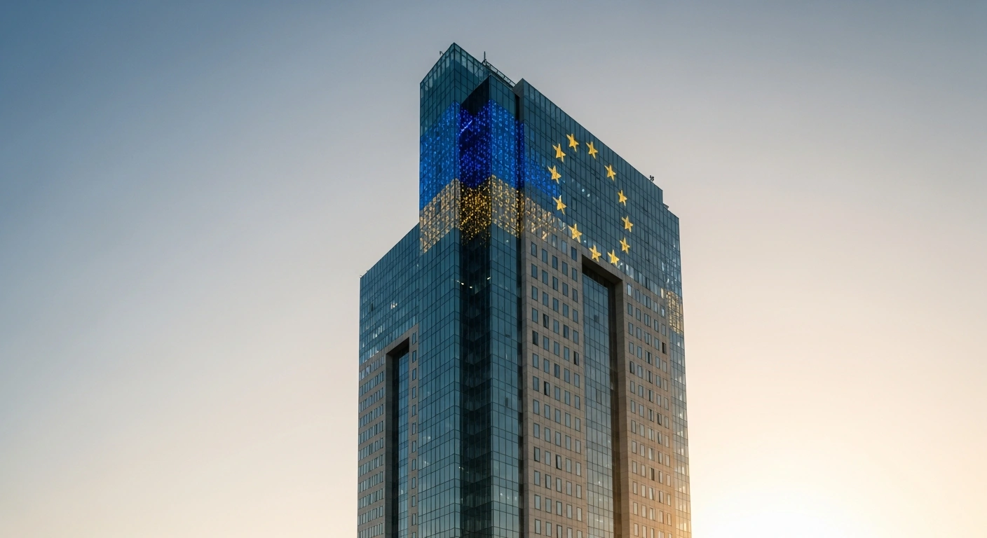A modern, glass-and-steel financial skyscraper in Chisinau, Moldova, bathed in the golden light of dawn with a subtle blue and gold glow from within, symbolizing Moldova's crucial financial modernization and alignment with the EU's unified financial market, including its upcoming SEPA integration and plans for a new stock exchange.