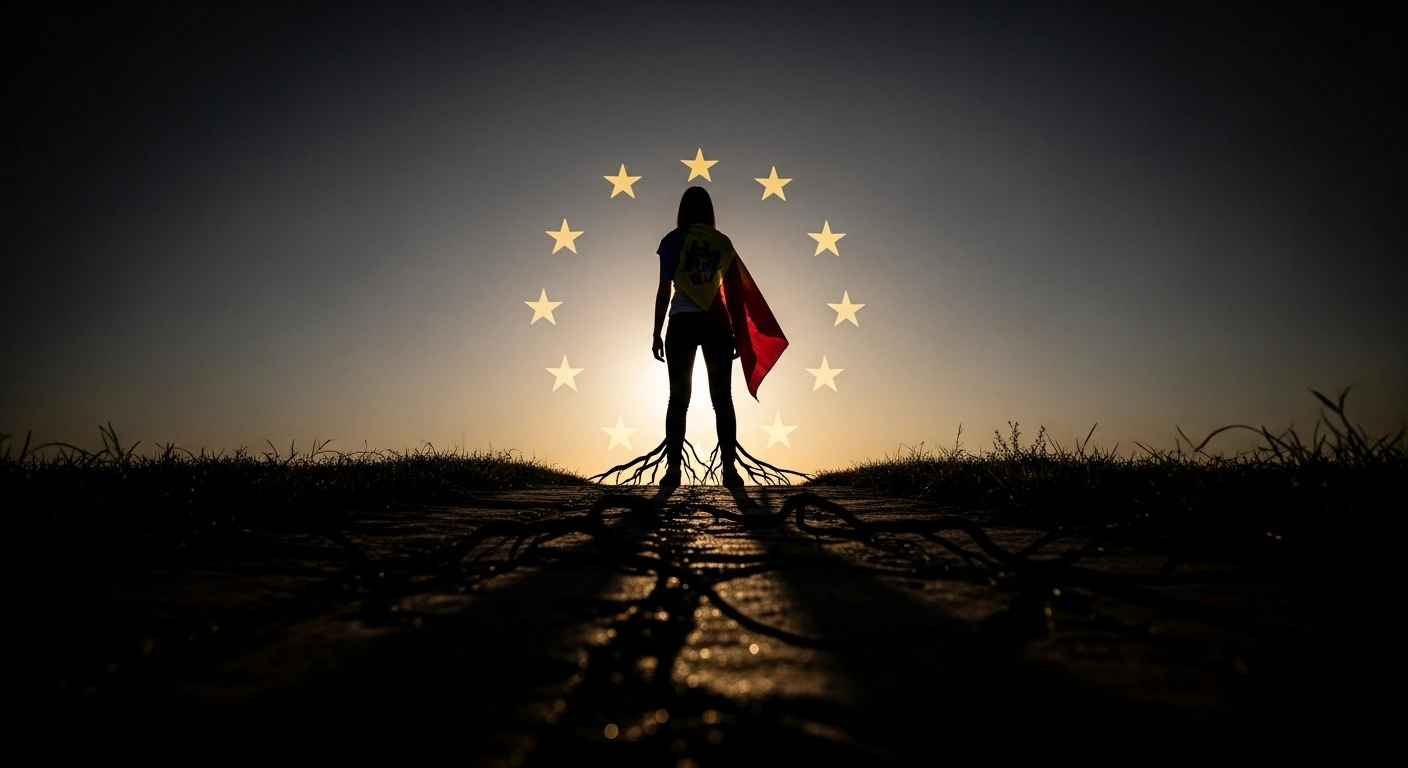 A lone figure, symbolizing Moldova, stands on a weathered path, gazing towards a distant, ethereal glow representing the European Union, while subtle, shadowy tendrils cling to her ankles, depicting the nation's hurdles in achieving its 2030 EU integration goal amidst corruption and Russian interference.
