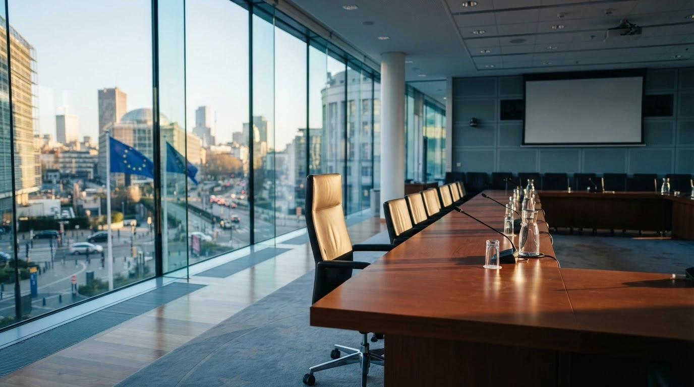 A modern conference room in Brussels prepares for the EU Council meeting to evaluate Moldova's negotiation clusters for European Union integration.