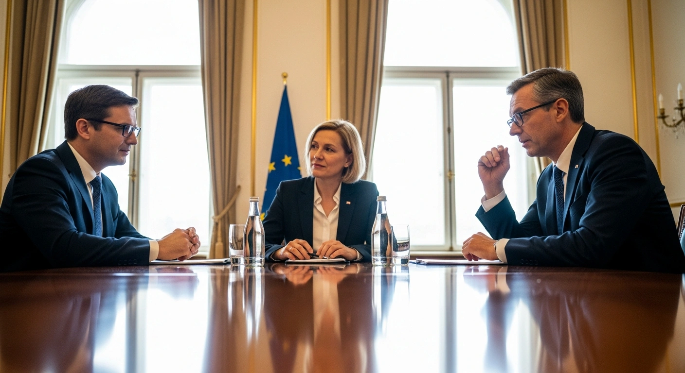 Moldovan Parliament Speaker Igor Grosu is shown in a formal meeting with Dutch Ambassador Fred Duijn and French Ambassador Dominique Waag, discussing Moldova's European integration and parliamentary agenda.
