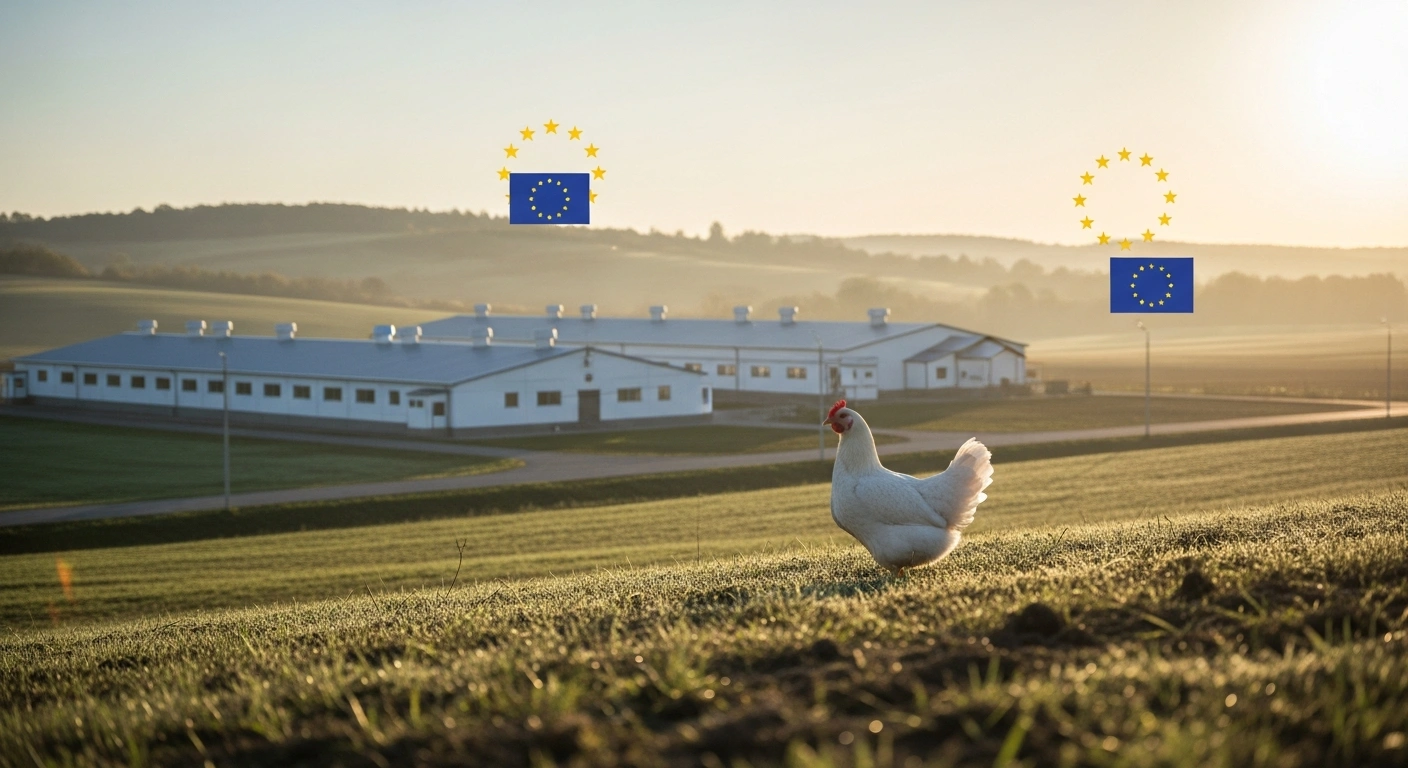 A pristine, modern poultry farm in a verdant Moldovan landscape at sunrise, featuring a healthy chicken in the foreground and a subtle silhouette of the European Union's stars on the distant horizon, symbolizing Moldova's authorized poultry export to the EU market.