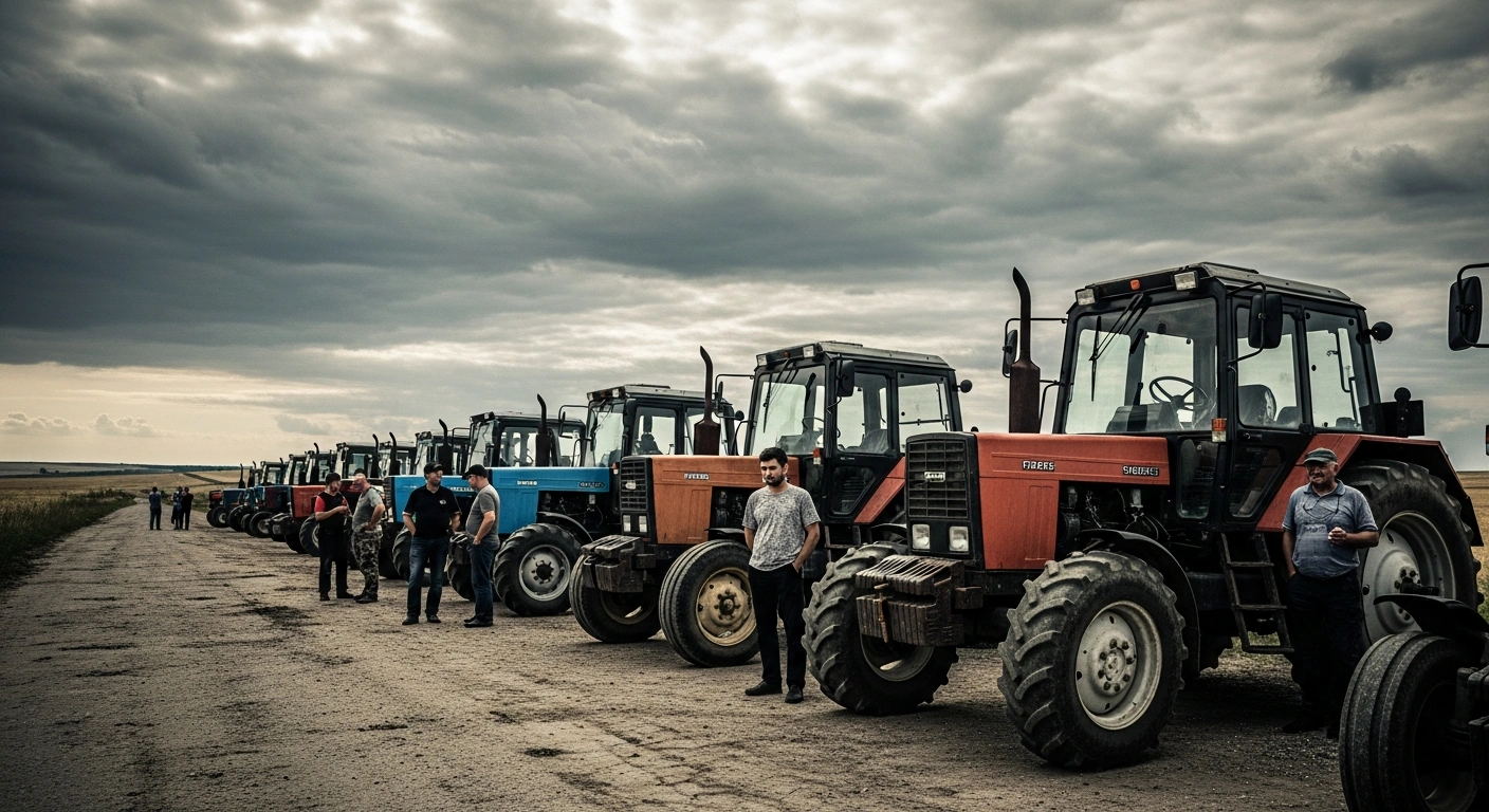 Moldovan farmers gather for a large-scale protest with their tractors parked along a rural road to demand agricultural policy changes.