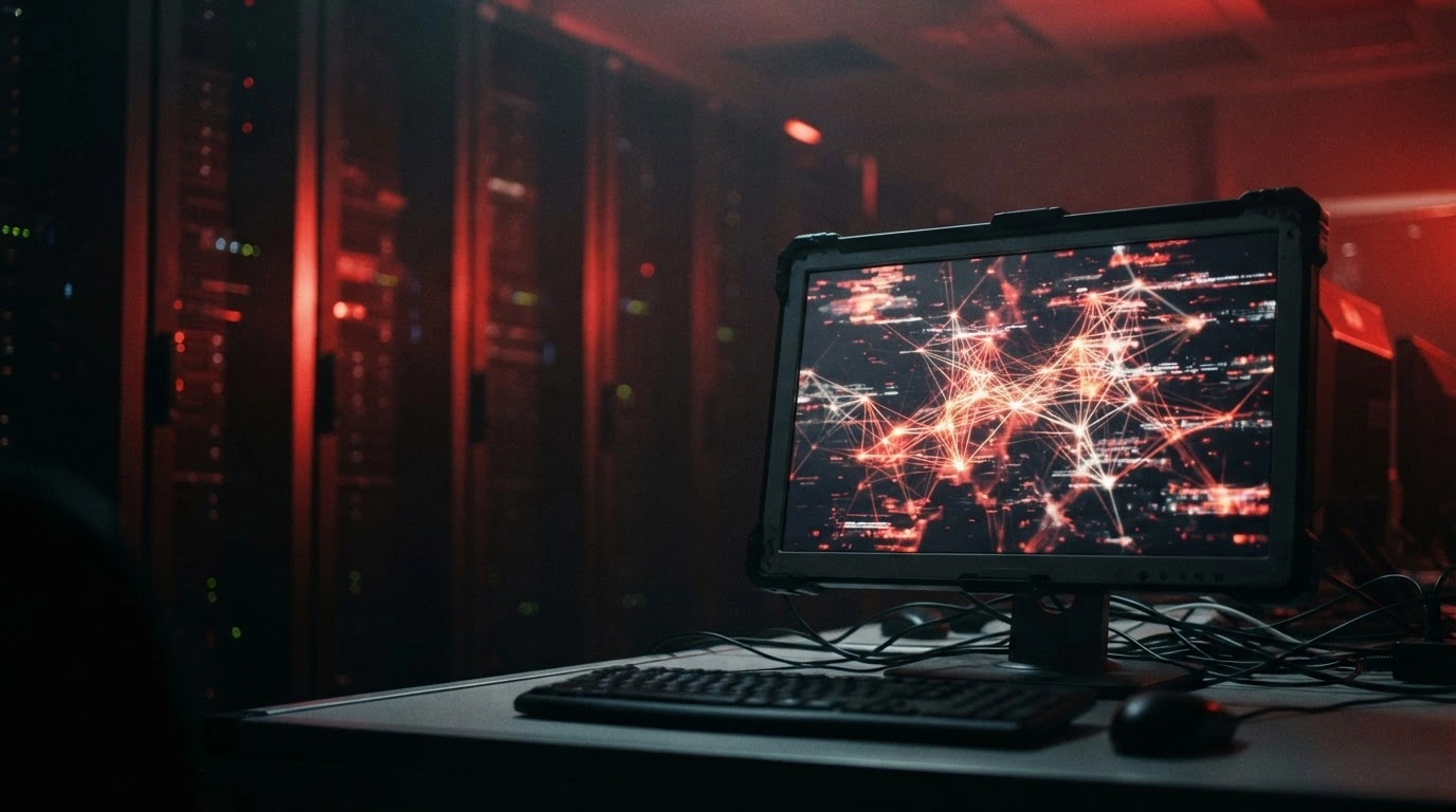 A dark server room with flickering red emergency lights illustrates the digital disruption caused by cyberattacks on Moldovan government platforms.