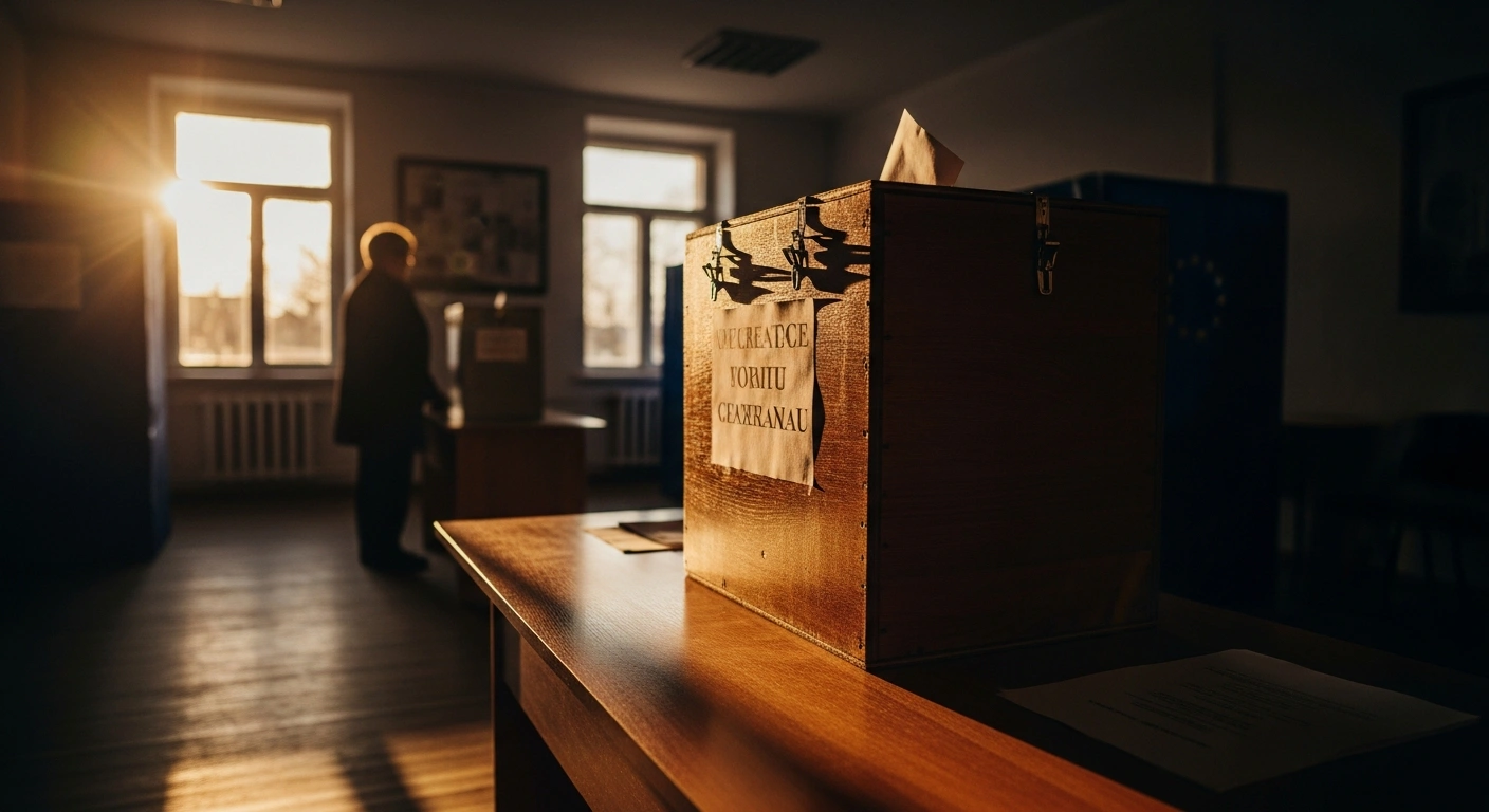 A ballot box sits on a table inside a polling station in Moldova following the conclusion of the local mayoral elections.