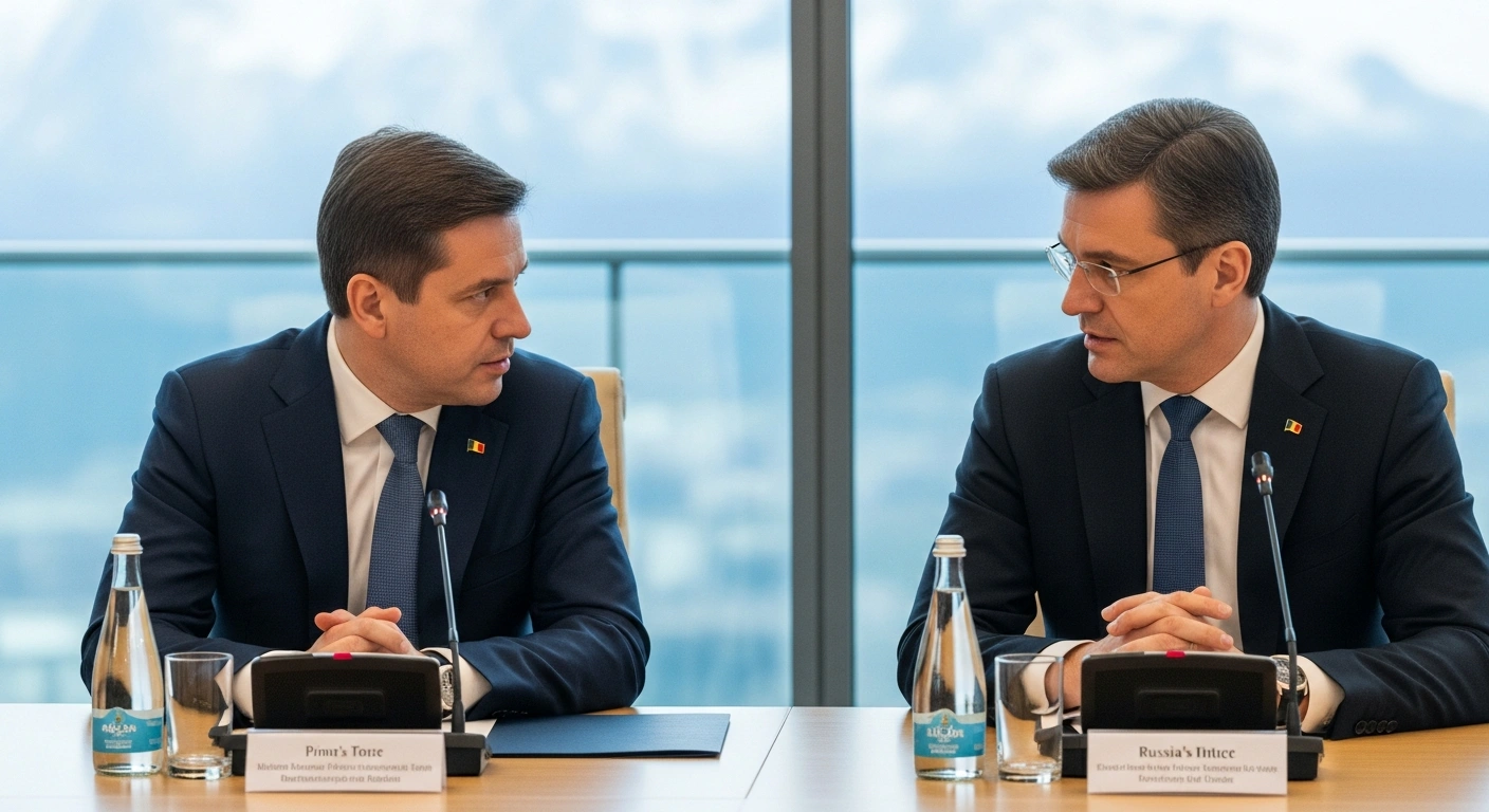 Moldovan Prime Minister Alexandru Munteanu and Luxembourg's Prime Minister Luc Frieden are depicted in a serious discussion at the World Economic Forum in Davos, symbolizing their talks on economic relations, Moldova's European integration, regional security, investment attraction, and Luxembourg's support for Moldova's EU aspirations.