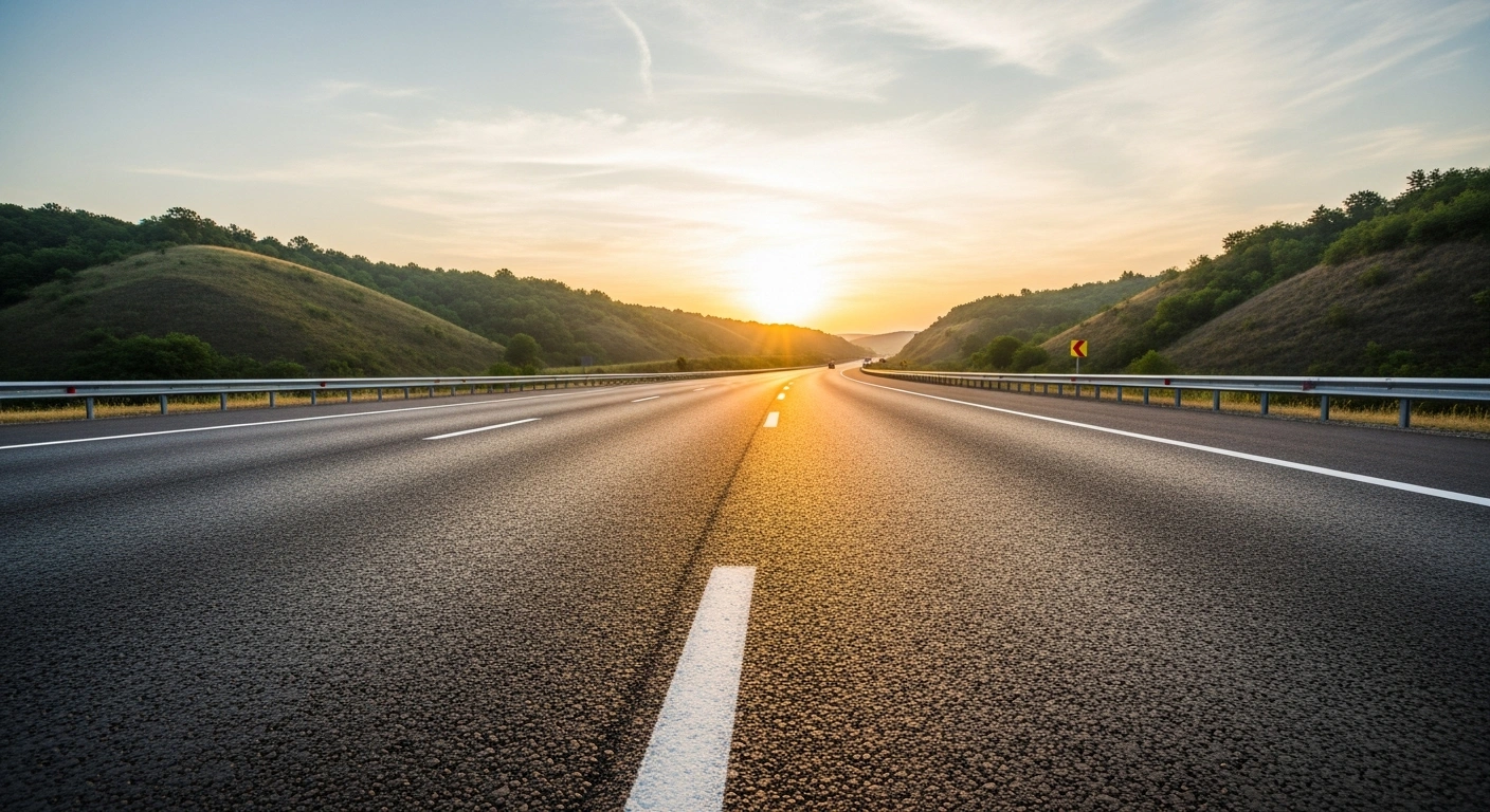 A newly resurfaced highway in Moldova at dawn, representing the European Bank for Reconstruction and Development's €150 million commitment for road rehabilitation and modernization, enhancing connectivity with the EU and Ukraine.