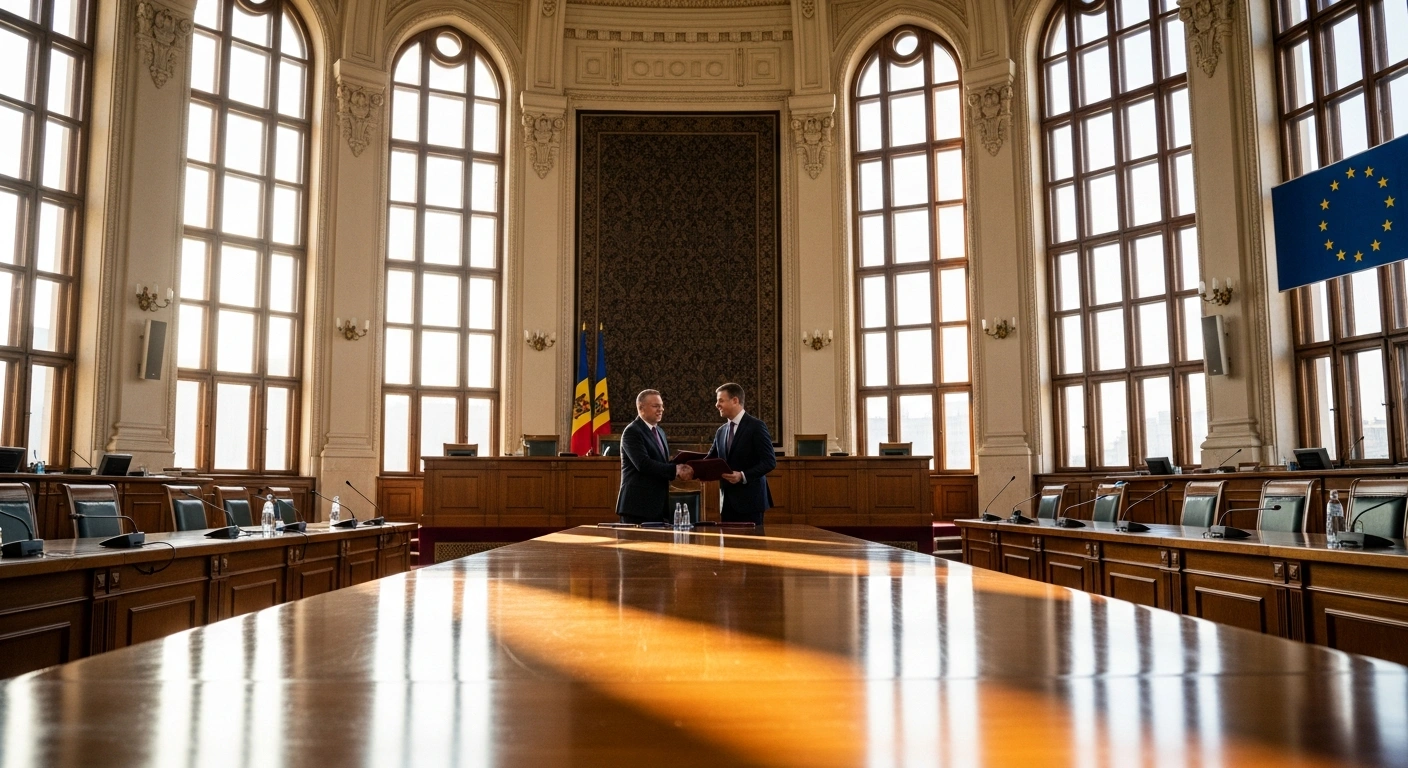 Two parliamentary representatives from Moldova and Romania shake hands in a grand, sunlit hall in Bucharest, symbolizing their joint declaration to advance Moldova's European integration and call for EU accession negotiations by the end of 2025.