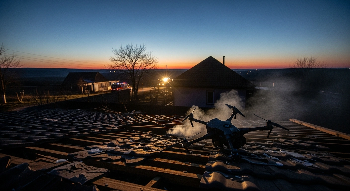 A wide, low-angle shot at twilight shows the shattered remnants of a Russian drone amidst the splintered timbers of a residential roof in a rural Moldovan landscape, depicting the aftermath of an airspace violation in Florești district.