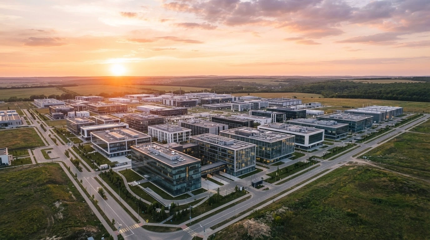 A modern high-tech industrial park in Stăuceni, Moldova, features sleek research facilities designed exclusively for technological development under strict zoning regulations.