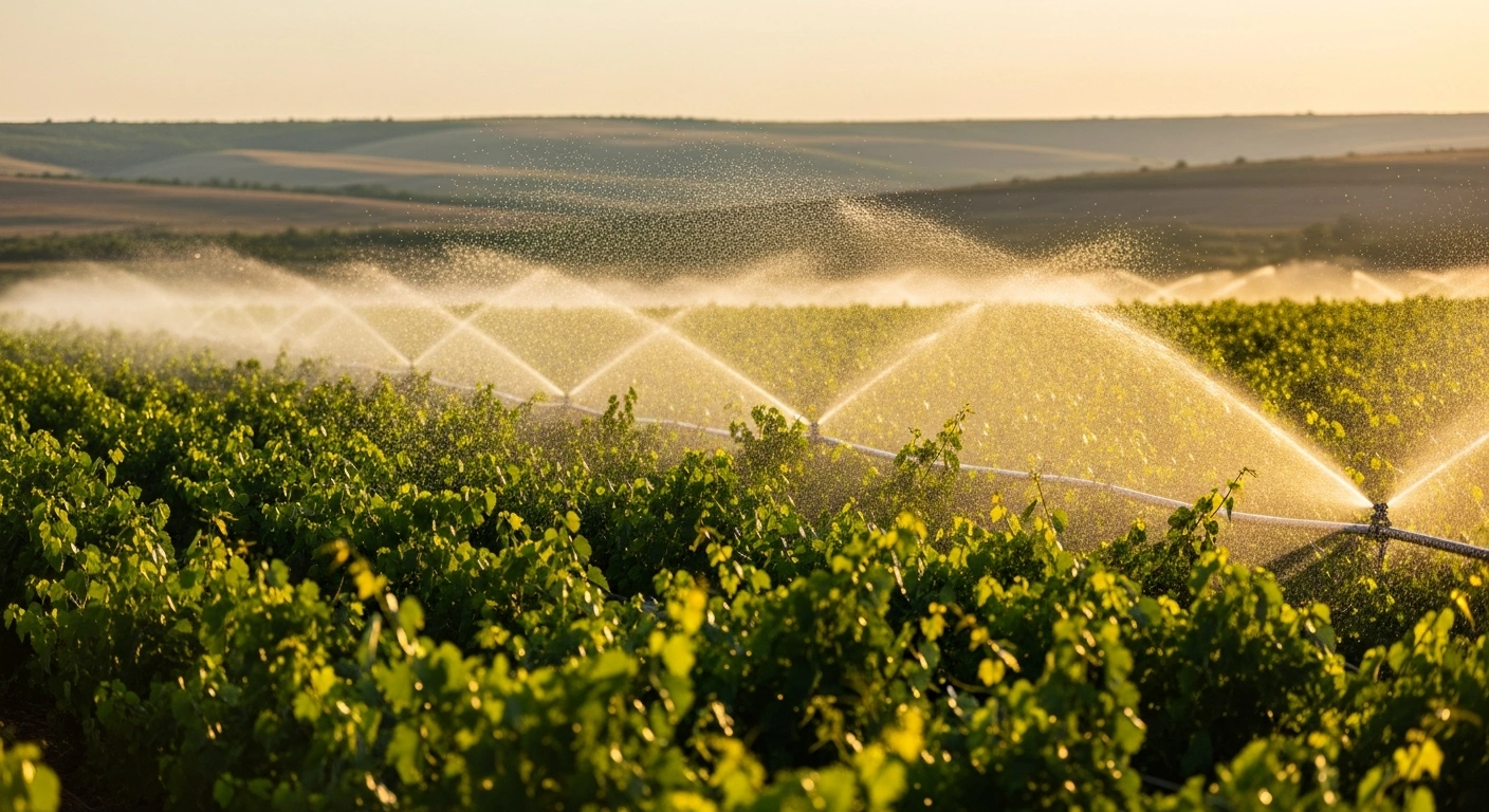 A modern irrigation system waters a lush vineyard in Moldova to demonstrate the use of treated wastewater for sustainable agriculture during a drought.