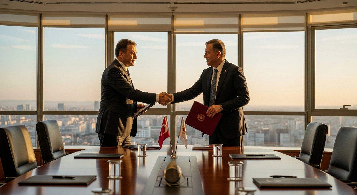 Moldovan and Turkish officials shake hands during a diplomatic meeting in Ankara to discuss defense and trade cooperation.
