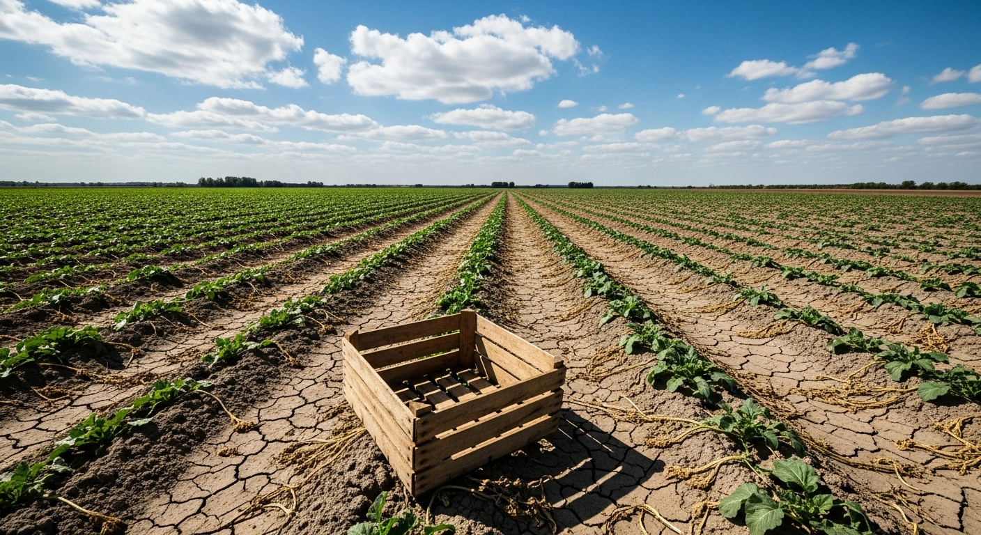 An abandoned vegetable field in Moldova represents the country's growing trade deficit as agricultural imports significantly outweigh domestic production.