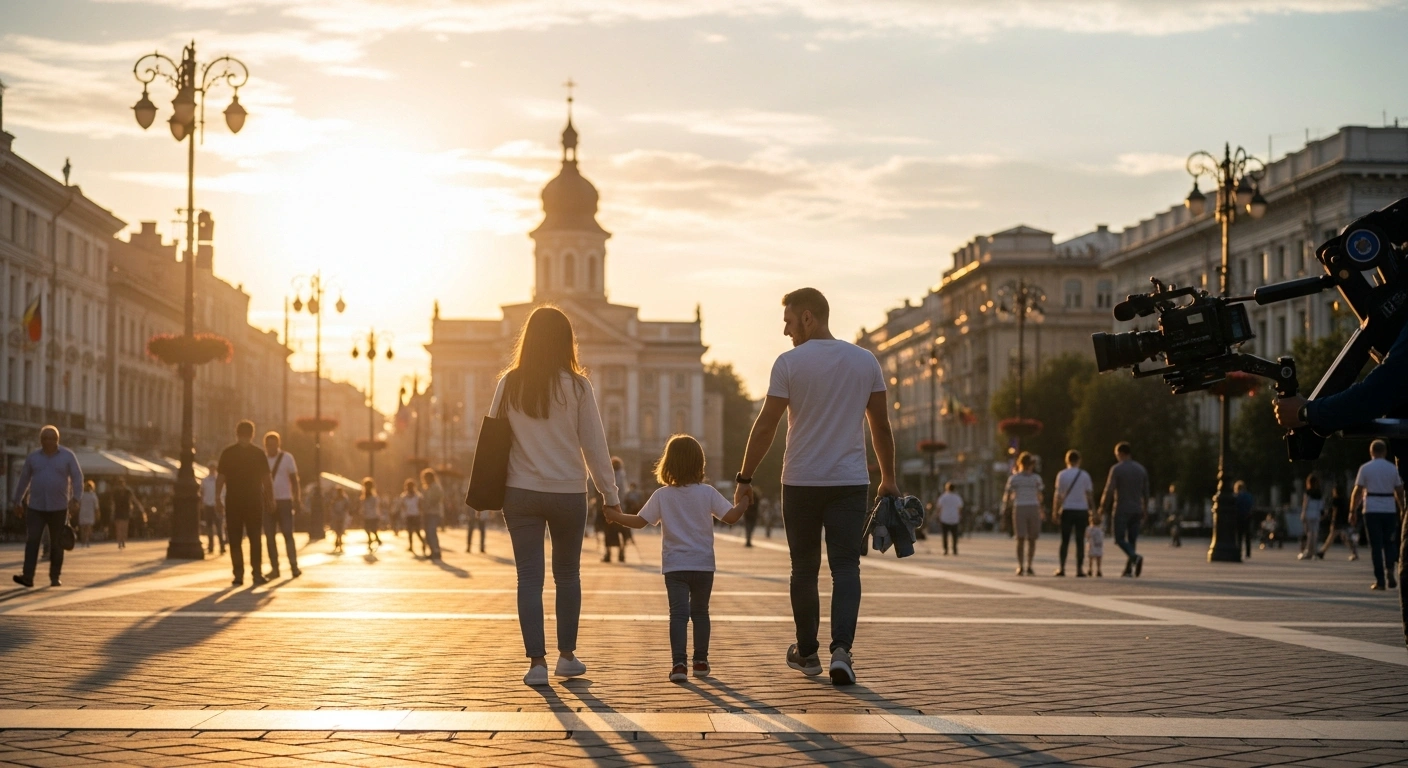 A Moldovan family, consisting of a mother, father, and their child, walks hand-in-hand through a sun-drenched public square in Chisinau, symbolizing the 1.9% increase in Moldova's real average gross wage and improved purchasing power in 2025 amidst broader economic recovery.