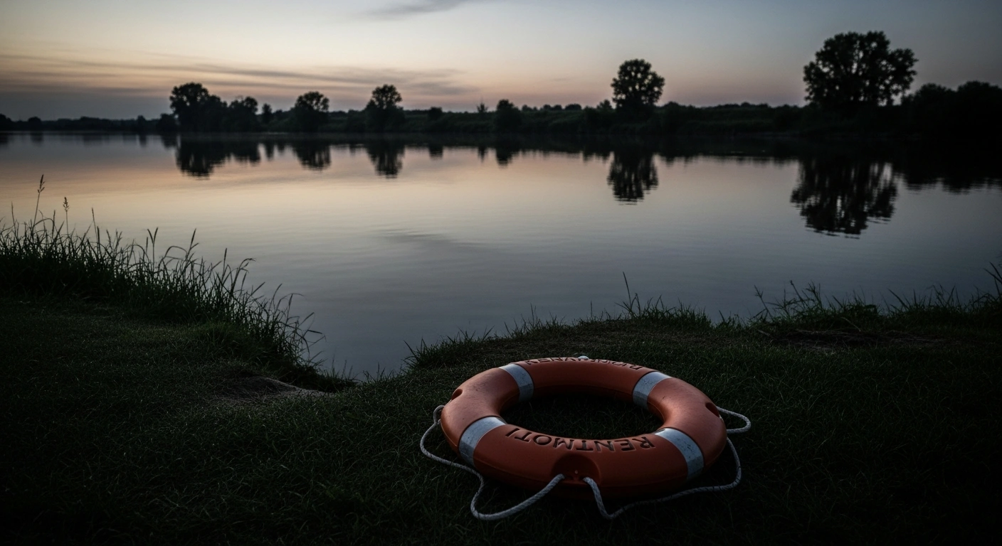 A lone lifebuoy rests on a riverbank in Moldova as a warning for water safety following a series of drowning incidents.