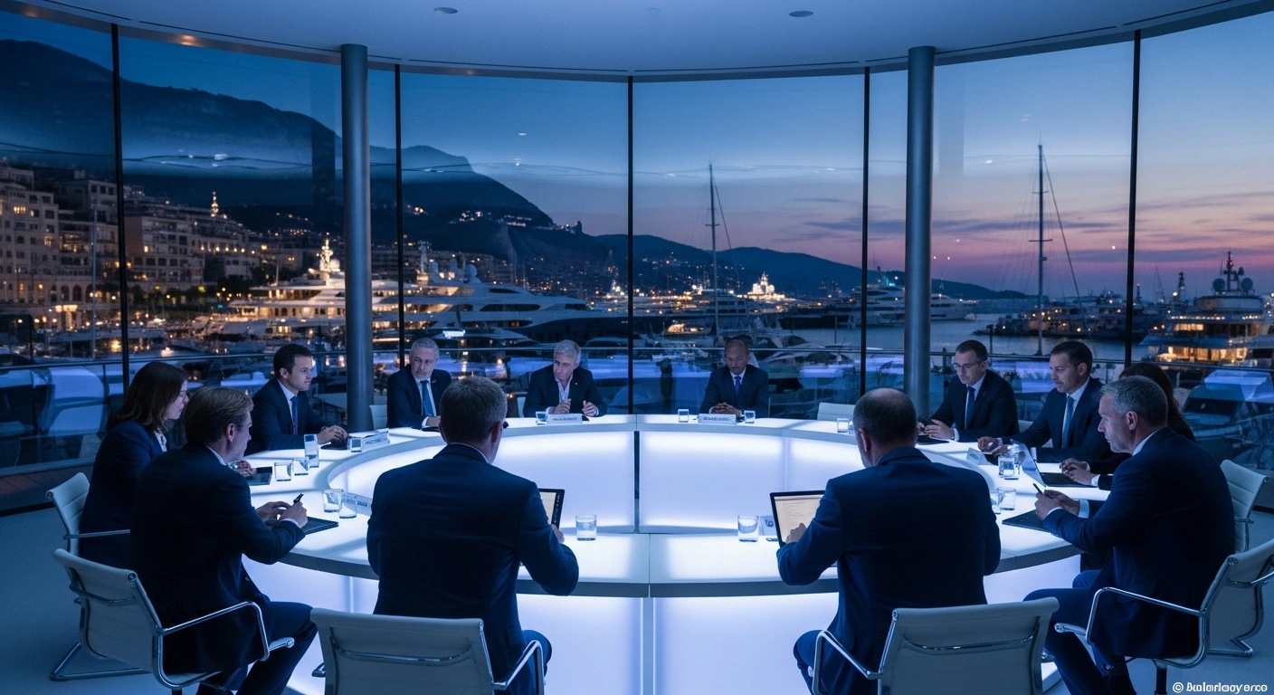 Global experts and policymakers gather for an artificial intelligence summit in a modern conference room overlooking the Monaco harbor.