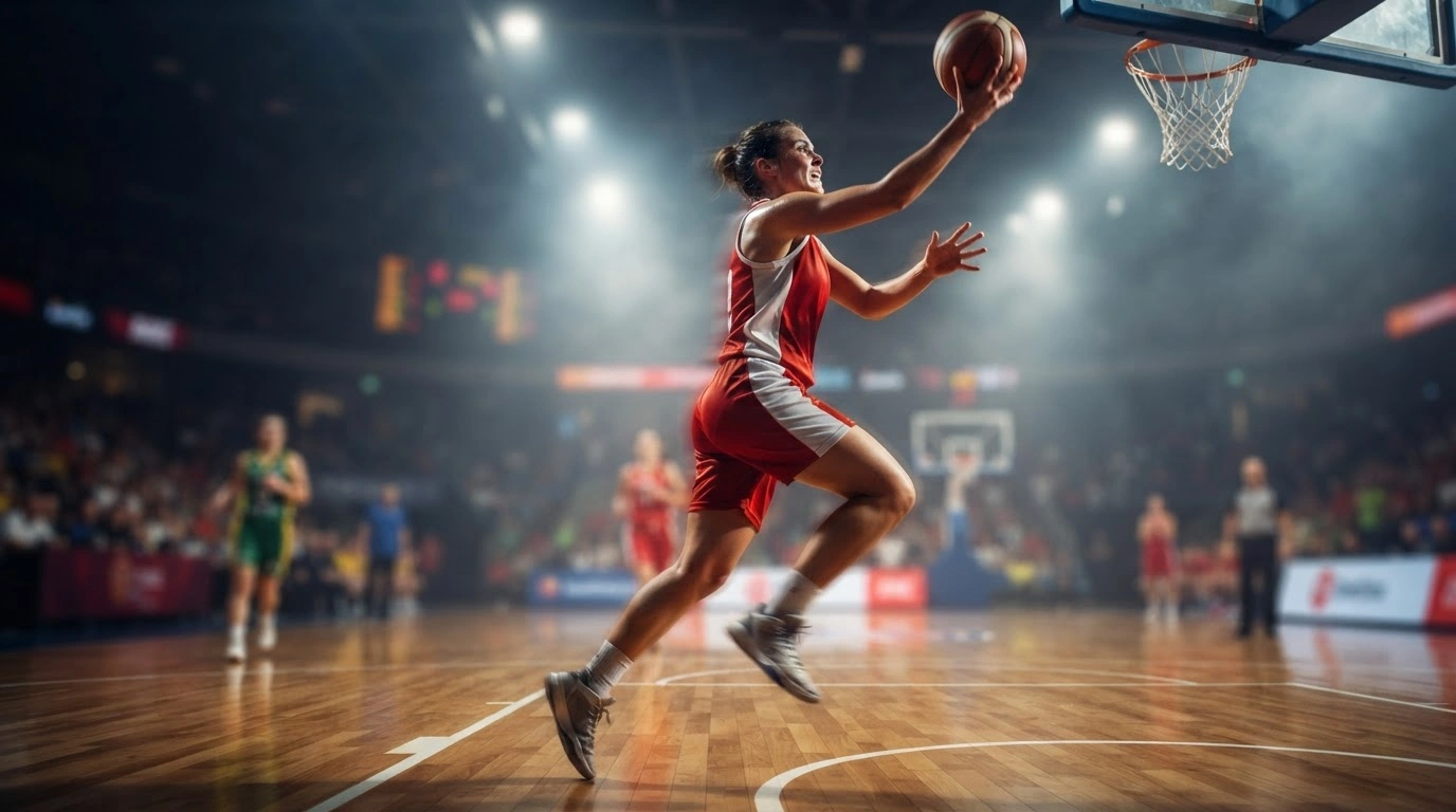A professional basketball player from the Monaco Basket Association drives to the hoop during a competitive LF2 championship game against USO Mondeville.