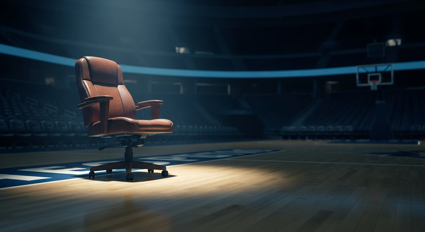 An empty coaching chair sits on the sidelines of an AS Monaco basketball court as the team manages duties without head coach Vassilis Spanoulis.