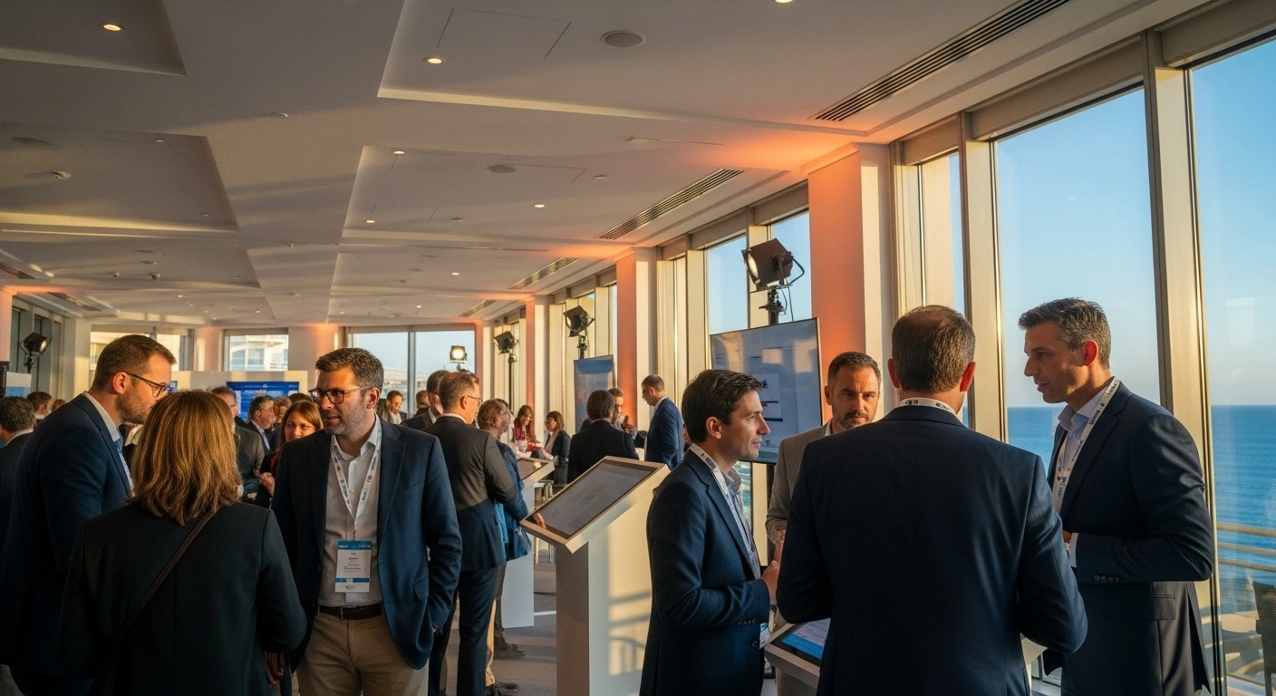A vibrant, low-angle wide shot of a modern business fair at the Sea Club du Méridien Beach Plaza, featuring numerous entrepreneurs in animated discussions around sleek, interactive displays, symbolizing the innovation and technological focus of events like the 13th Monaco Business Fair addressing AI and digital sovereignty.