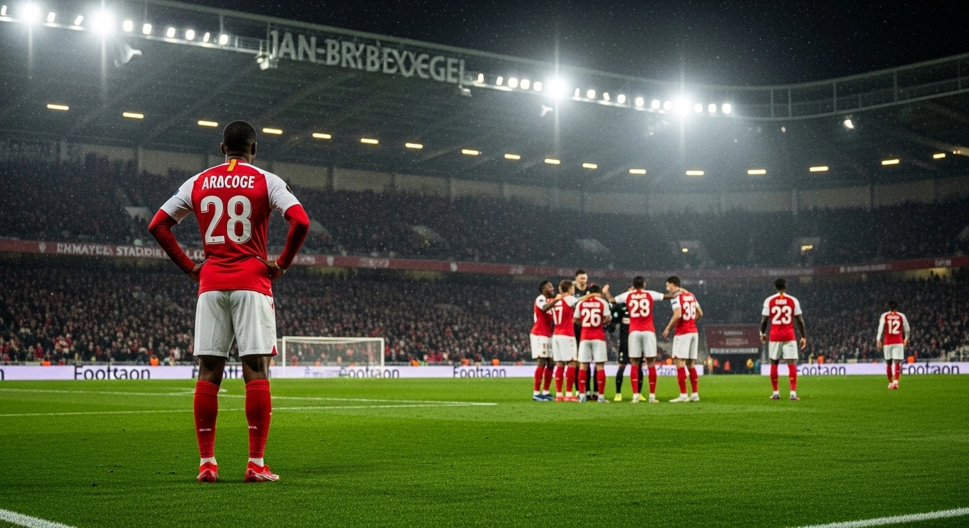 A lone AS Monaco player, wearing a red and white kit, stands dejectedly on a rain-slicked football pitch under bright stadium lights, while victorious Club Brugge players celebrate in the background after Monaco's 4-1 loss in a UEFA Champions League match.