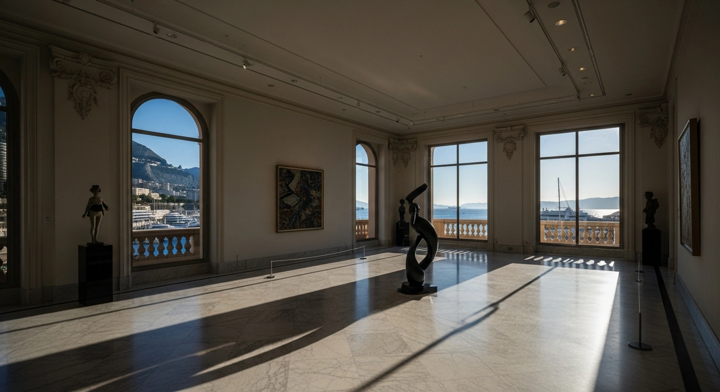 A modern art gallery in Monaco features a contemporary sculpture illuminated by warm sunlight, representing the new art grant initiative for emerging artists.