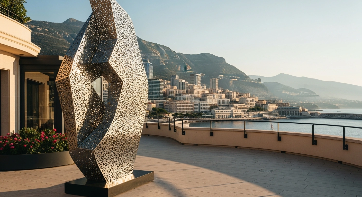 A contemporary art sculpture stands on a terrace in Monaco as part of a new cultural grant initiative to support creative development.