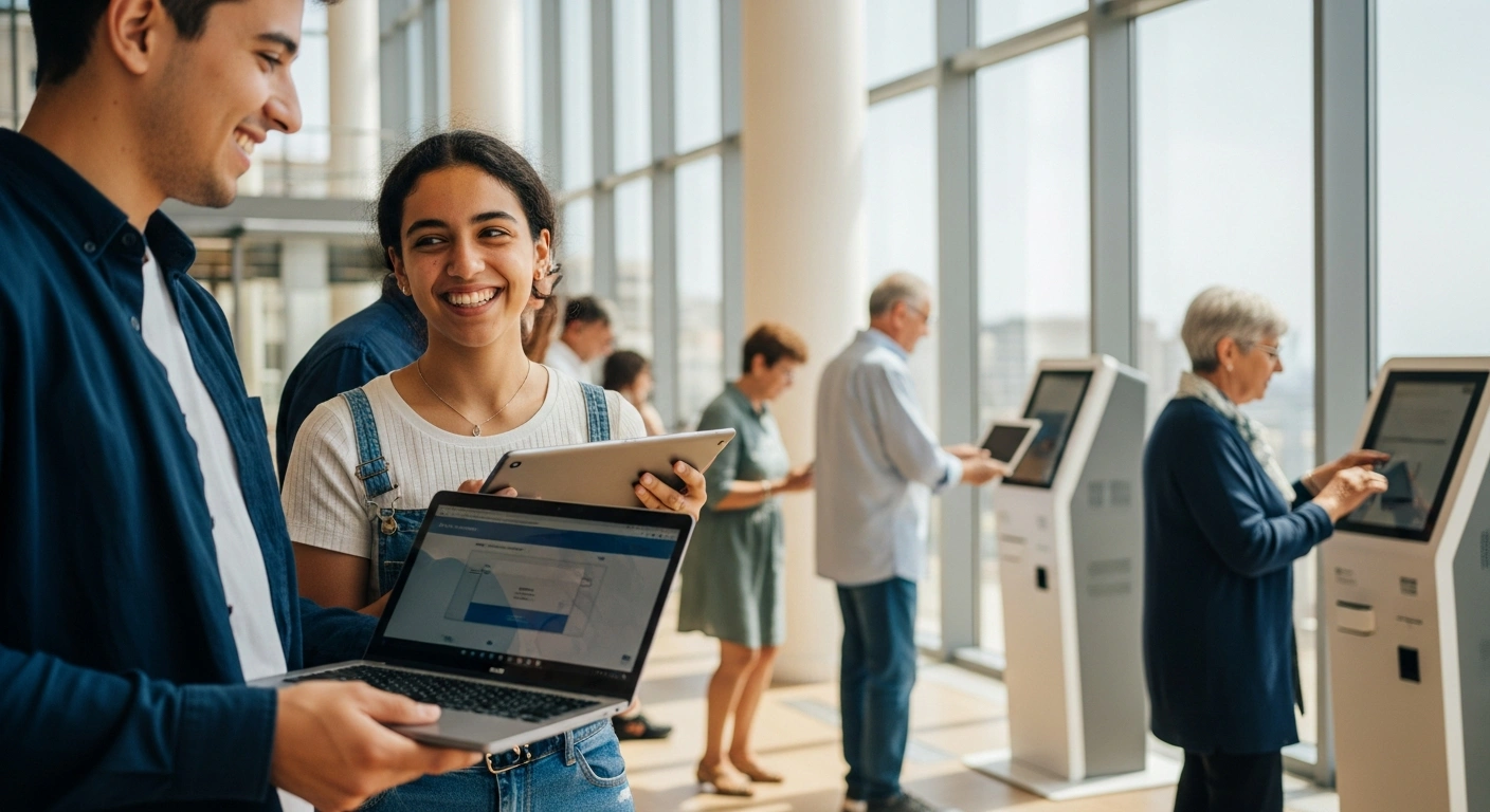 A diverse group of Monégasque citizens, including a young person receiving a reconditioned laptop and an elder using a tablet, are depicted in a modern, sunlit community center, illustrating Monaco's 'Extended Monaco' digital transformation program fostering social impact, community inclusion, and sustainable development.