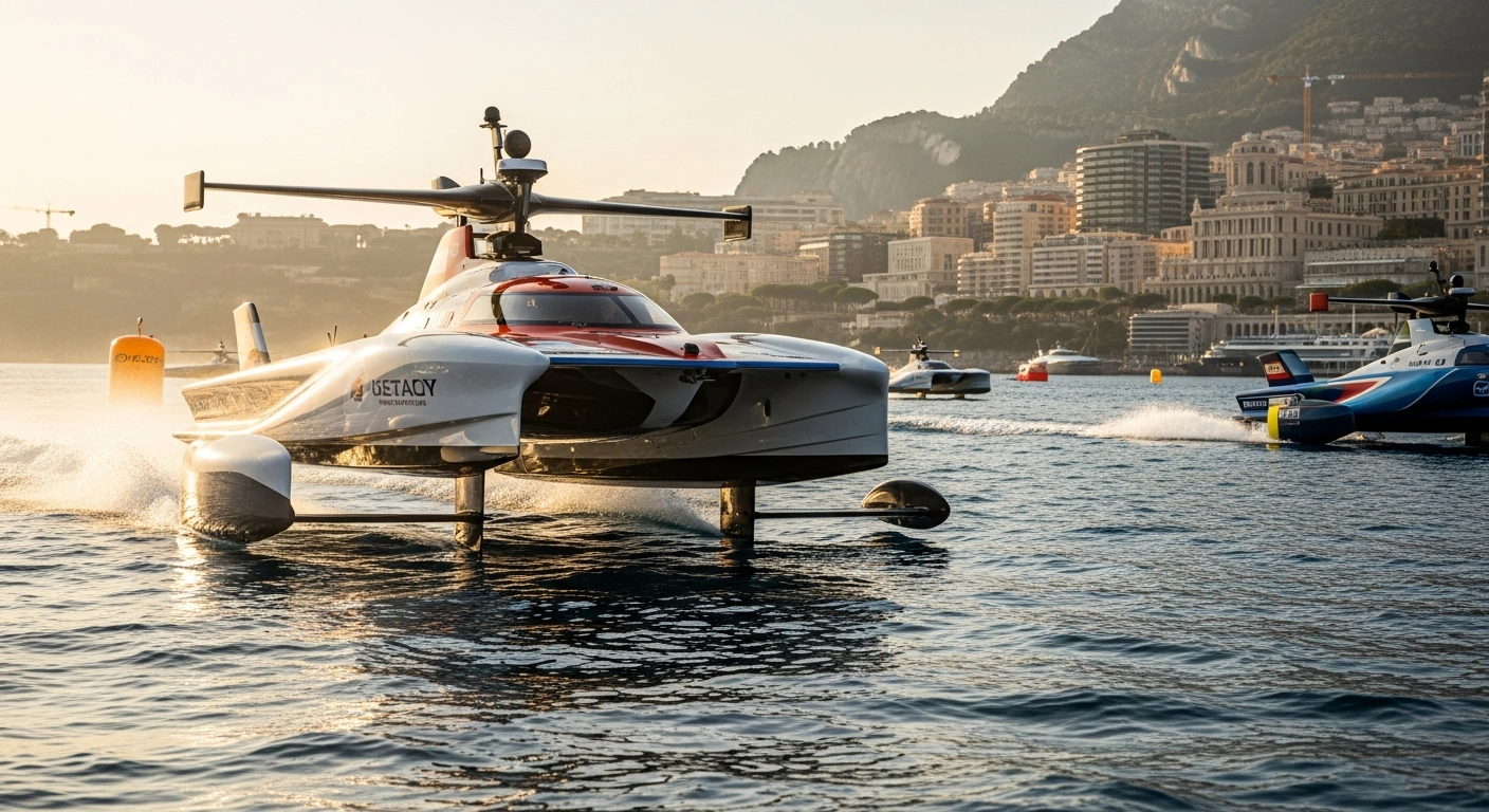 A futuristic, sustainable energy boat glides across the Mediterranean Sea at golden hour, with the luxurious Monaco coastline in the background, representing the 13th Monaco Energy Boat Challenge where 43 teams from 21 nations will compete to advance sustainable propulsion and maritime energy transition from July 8-11, 2026.